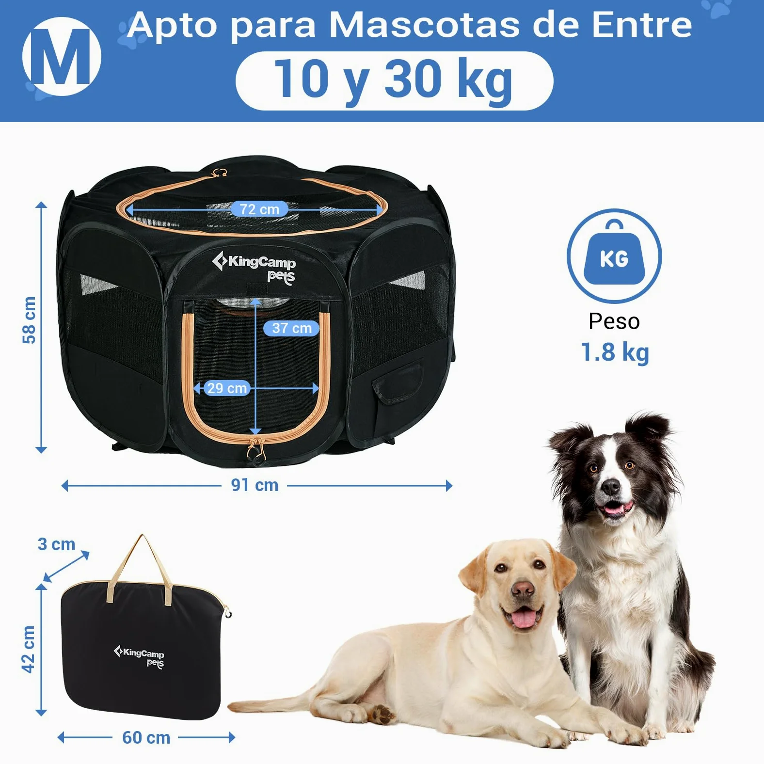 KingCamp Parque para Perros 91 x 91 x 58 cm, Parque Plegable para Mascotas con Ventanas de Malla, Portátil Parque para Gatos Cachorro Conejo Exterior Interior, Jaula Perros de Tela Oxford, Negro M
