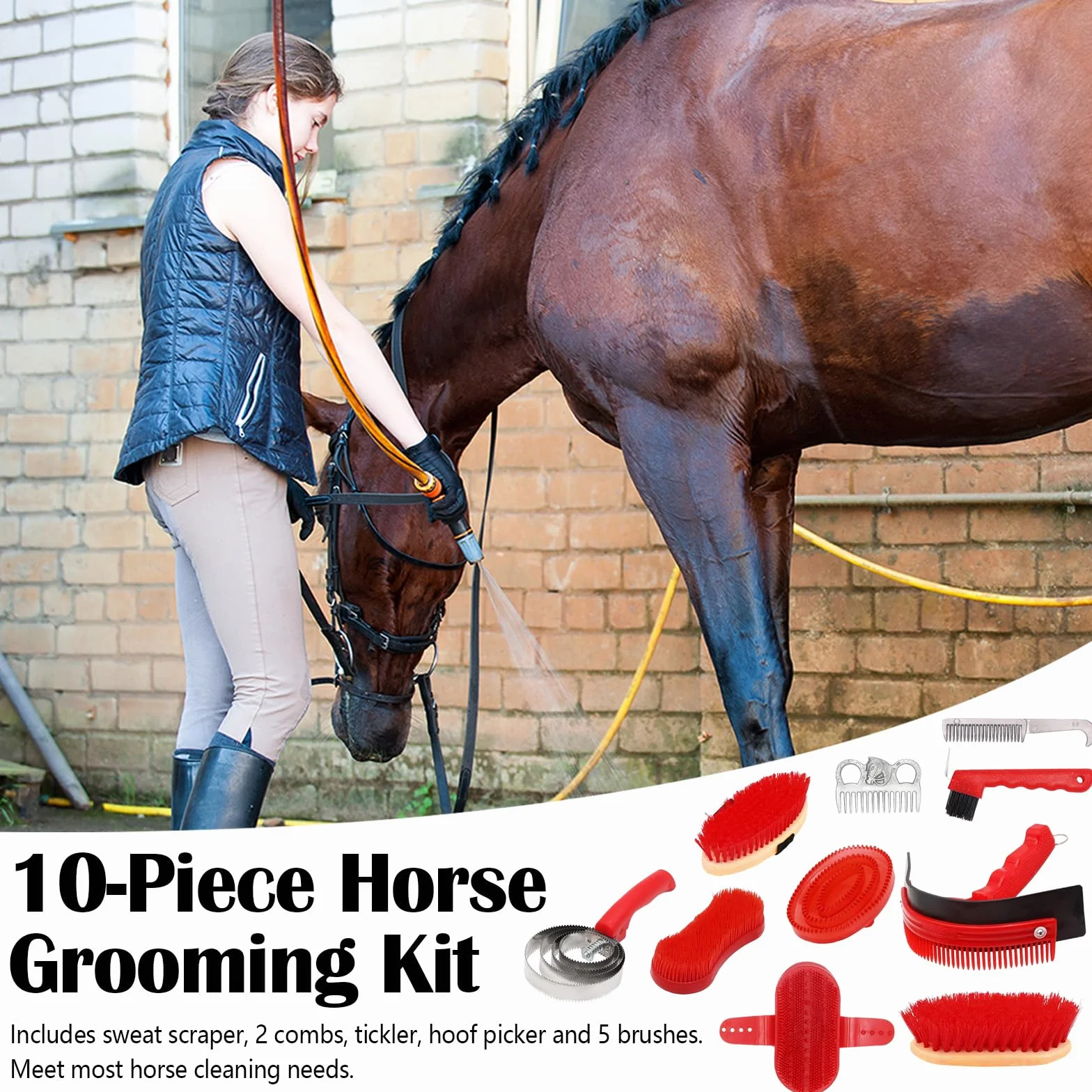 Cepillos Para Caballos, 10PCS Juego De Cuidado De Caballos Juego De Cuidado De Cepillos Kit De Cuidado De Caballos Limpieza De Caballos Cepillo Ecuestre Accesorios Con Bolsa De Almacenamiento
