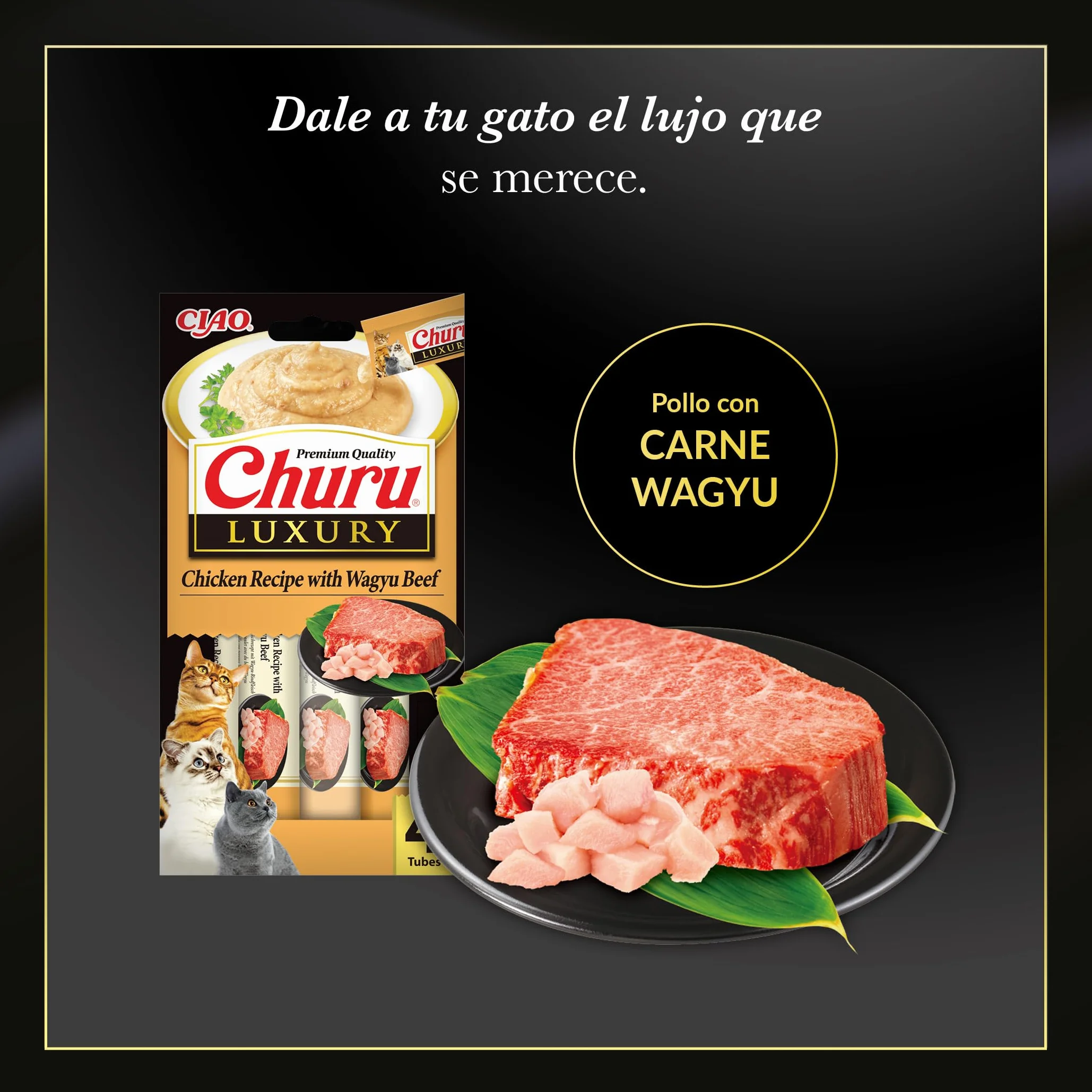 INABA Churu Luxury Gatos - Receta Saludable de Pollo y Carne de Wagyu - Deliciosos Premios con Textura Suave y Cremosa - Natural, Sin Cereales, Sin Colorantes-56g (4 Tubos x 14g)