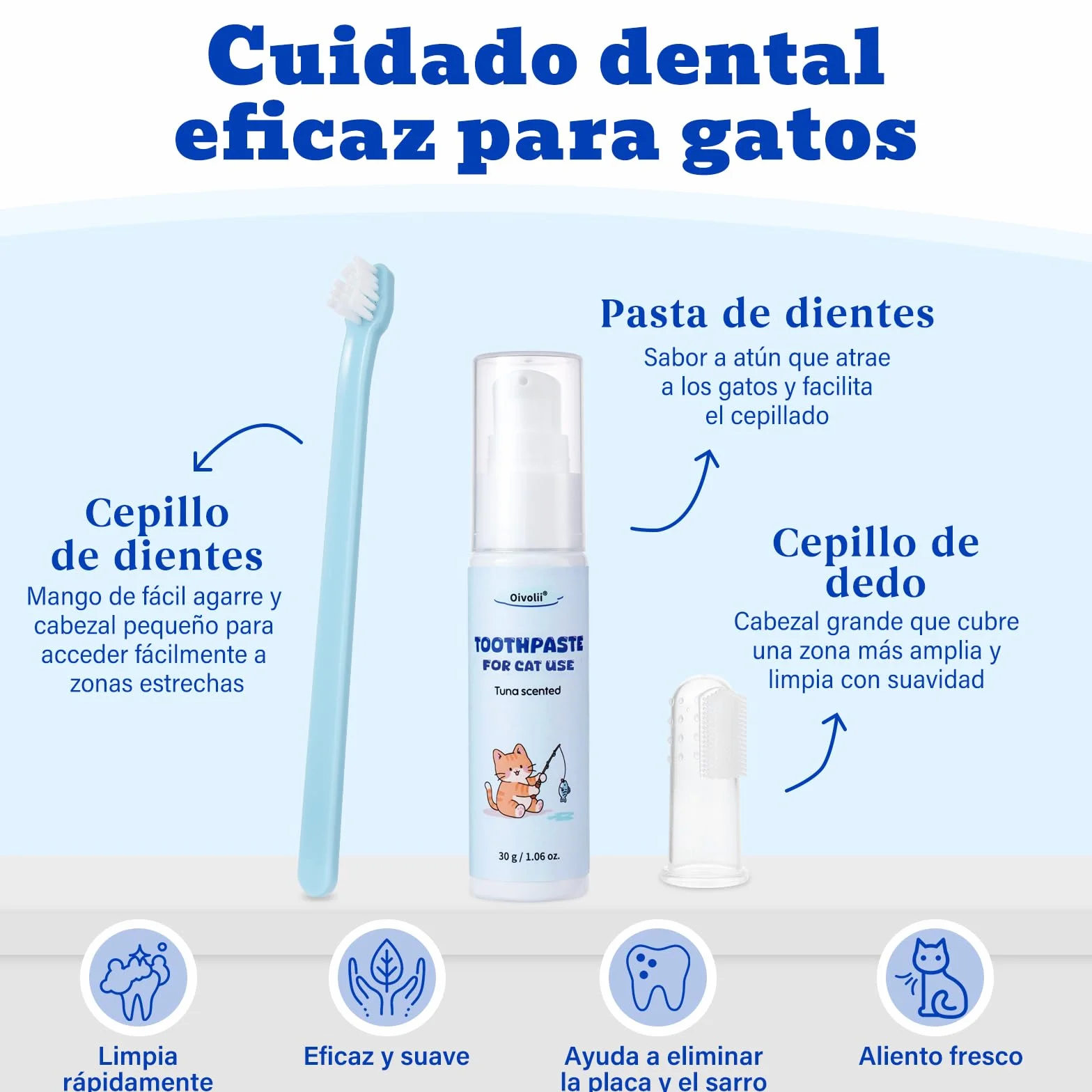 Juego de Cuidado Dental para Gatos, Pasta Dentífrica Sabor Atún 30 g, Incluye 2 Cepillos dientes gato, Fórmula Suave para el Cuidado Dental y un Aliento Fresco