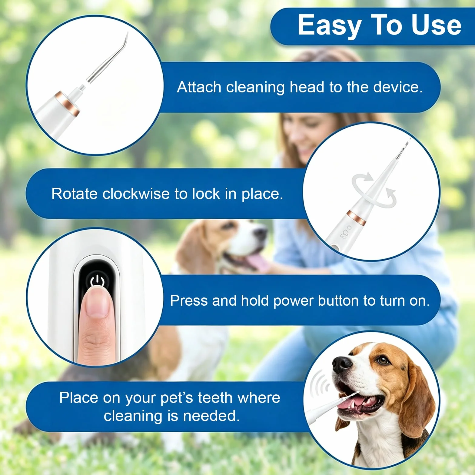 Limpiador Dental Ultrasónico para Perros y Gatos Blanco – 5 Modos con LED, Detección de Encías, IPX7, Recargable USB-C, Kit Completo