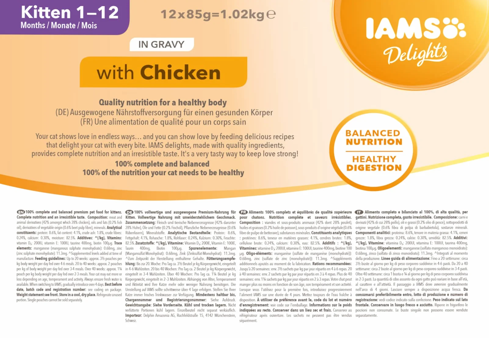 IAMS Advanced Nutrition Alimento húmedo en Salsa, para Gatitos con Pollo, 12 x 85g