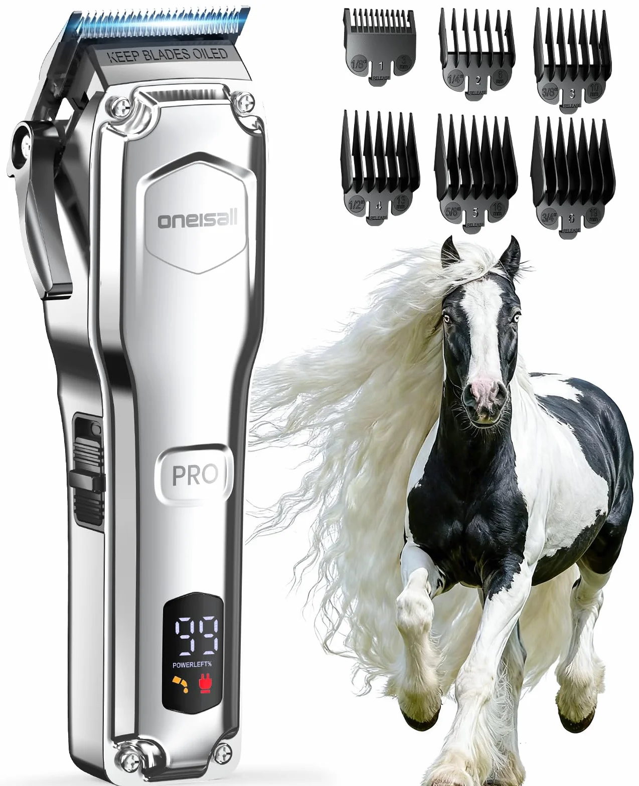 Oneisall Máquina Cortapelo para Caballos Inalámbrica 6 Accesorios Cuchilla Acero Extraíble Silenciosa Pelaje Grueso 4h Autonomía