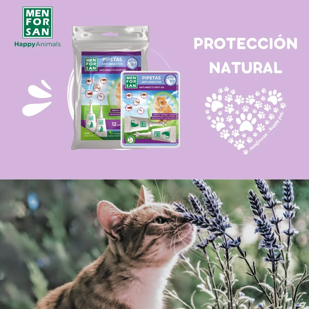 MENFORSAN Pack con 12 Pipetas Anti-Insectos para Gatos, con Margosa, Geraniol y Lavandino, Bolsa autocierre