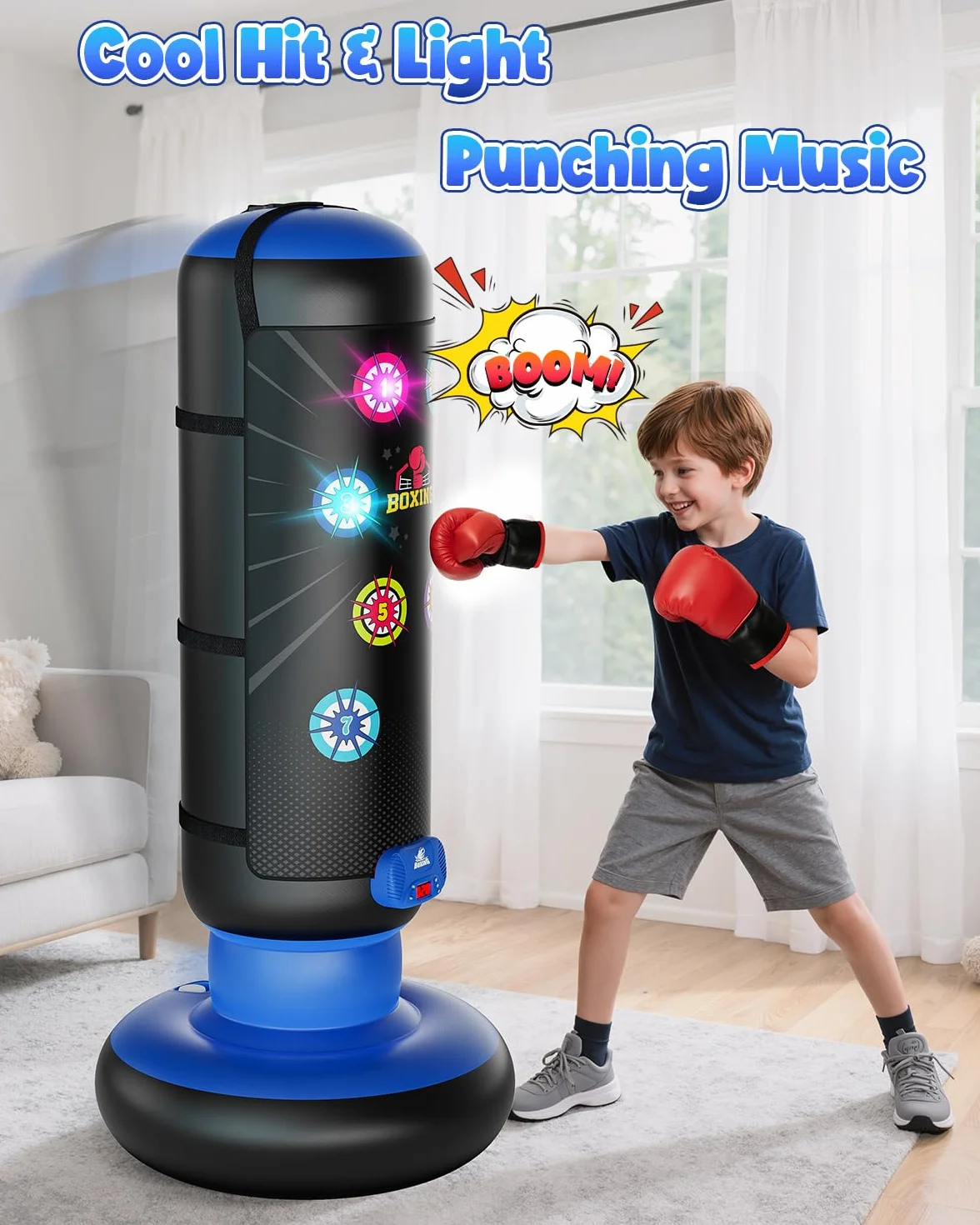 Saco de Boxeo para Niños con Música y Luz, Bolsa de Boxeo Inflable Interactiva, Guante de Boxeo Incluido, Azul