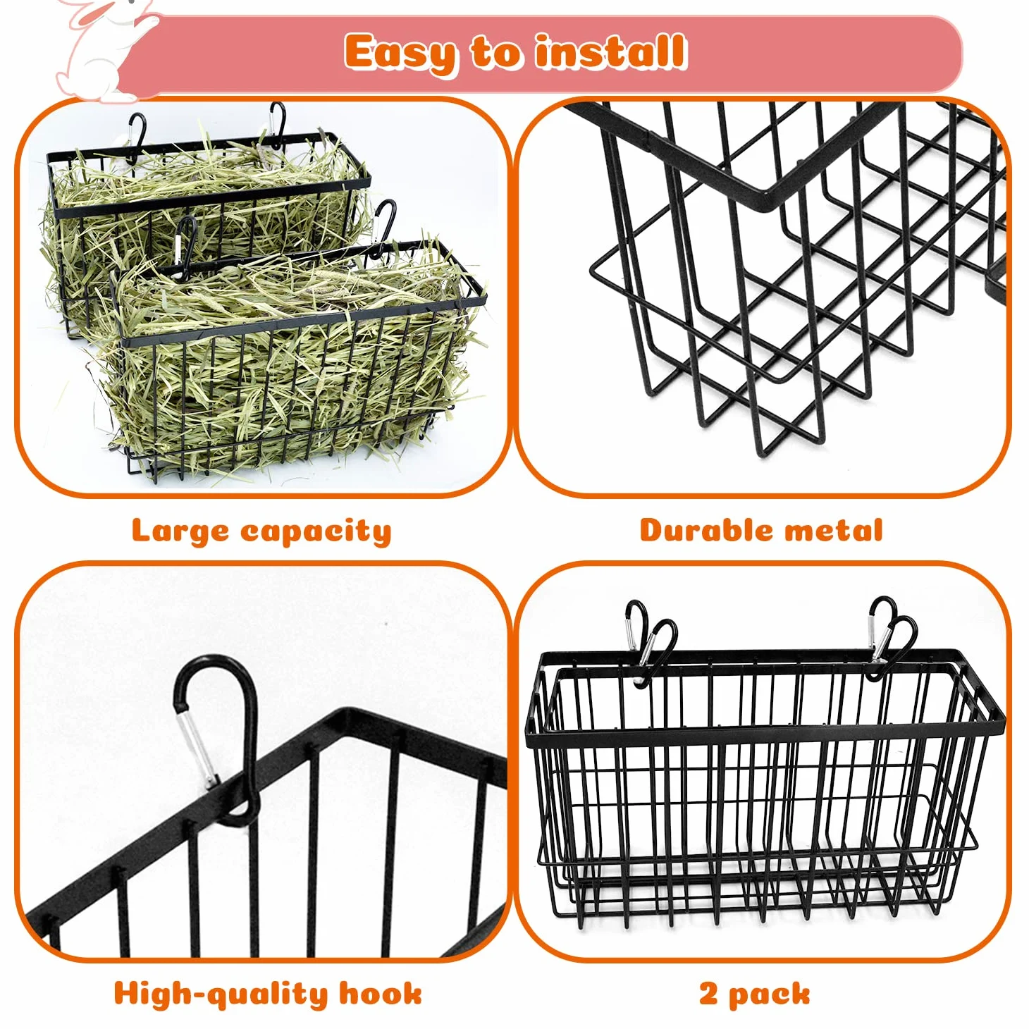 Comedero de heno de conejillo de indias, alimentador de heno de conejo con marco de metal resistente, soporte de heno para animales pequeños, conejos, cobayas, hámsters de chinchilla