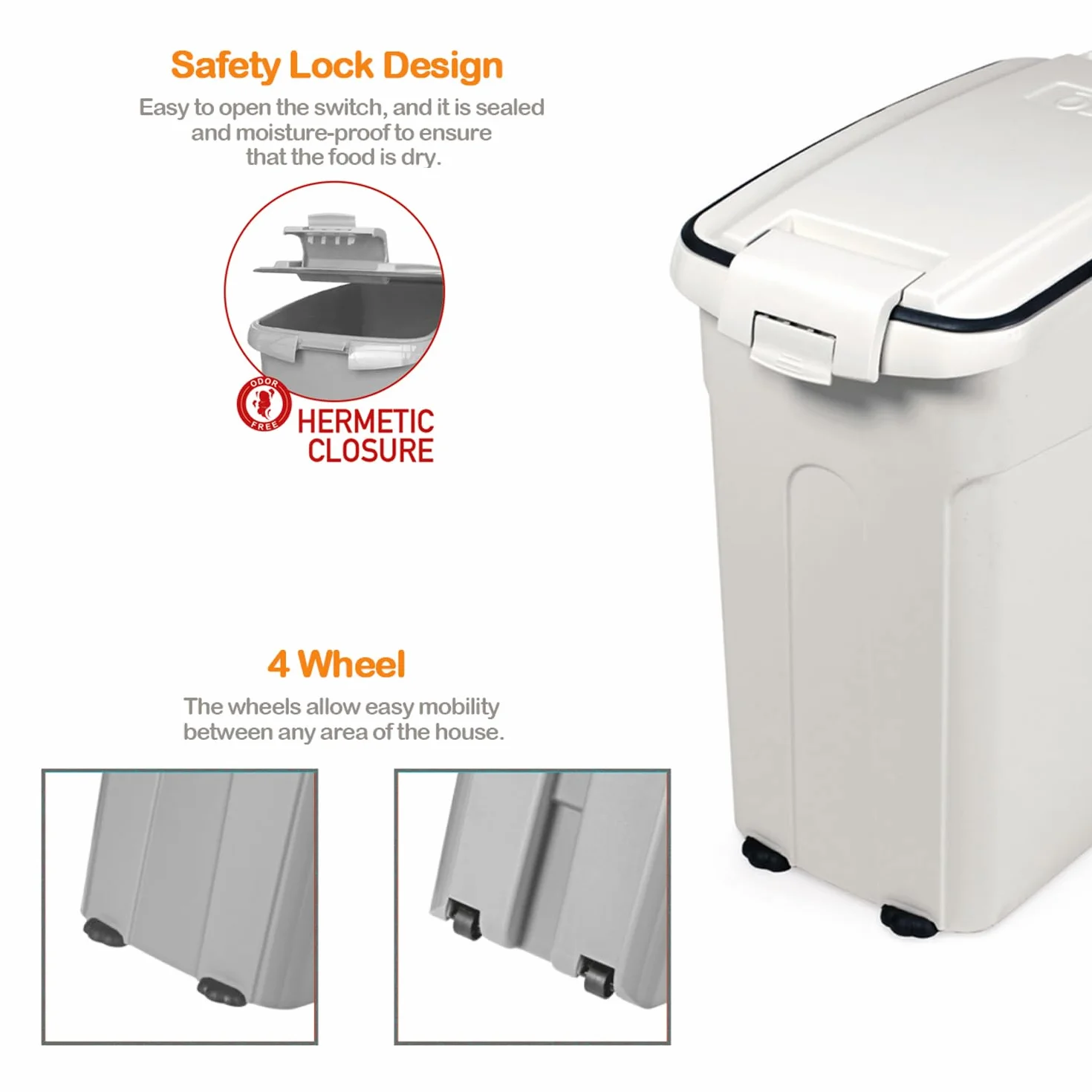 BPS Contenedor de Comida para Mascotas Caja de Alimentos Pienso 54L Tapa Abatible Hermética con Pala para Perros y Gatos (L: Blanco) BPS-4159BL