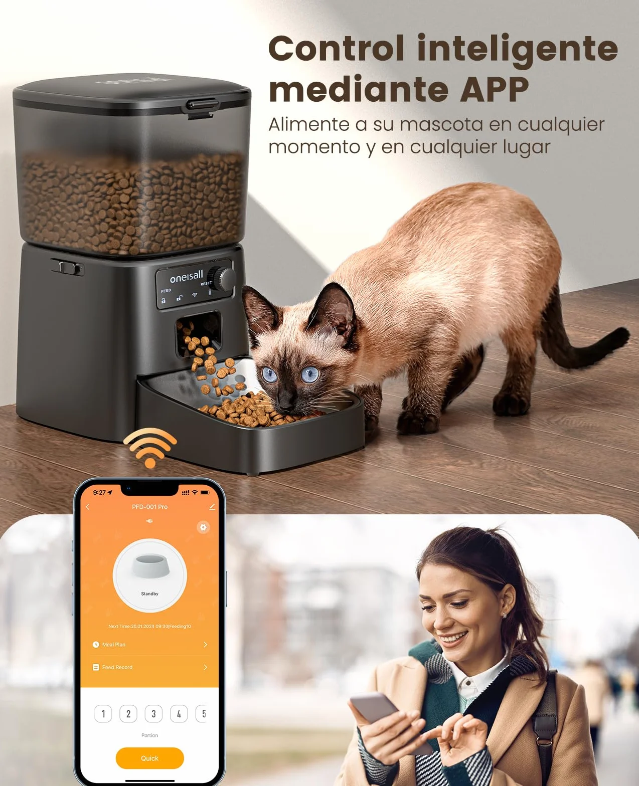 oneisall 3.5L Comedero automático para Gatos, Comedero Inteligente WiFi para Gatos, Control App, 1-10 Comidas al día, Dispensador de Comida para Gato/Perro, con Cuenco de Acero Inoxidable