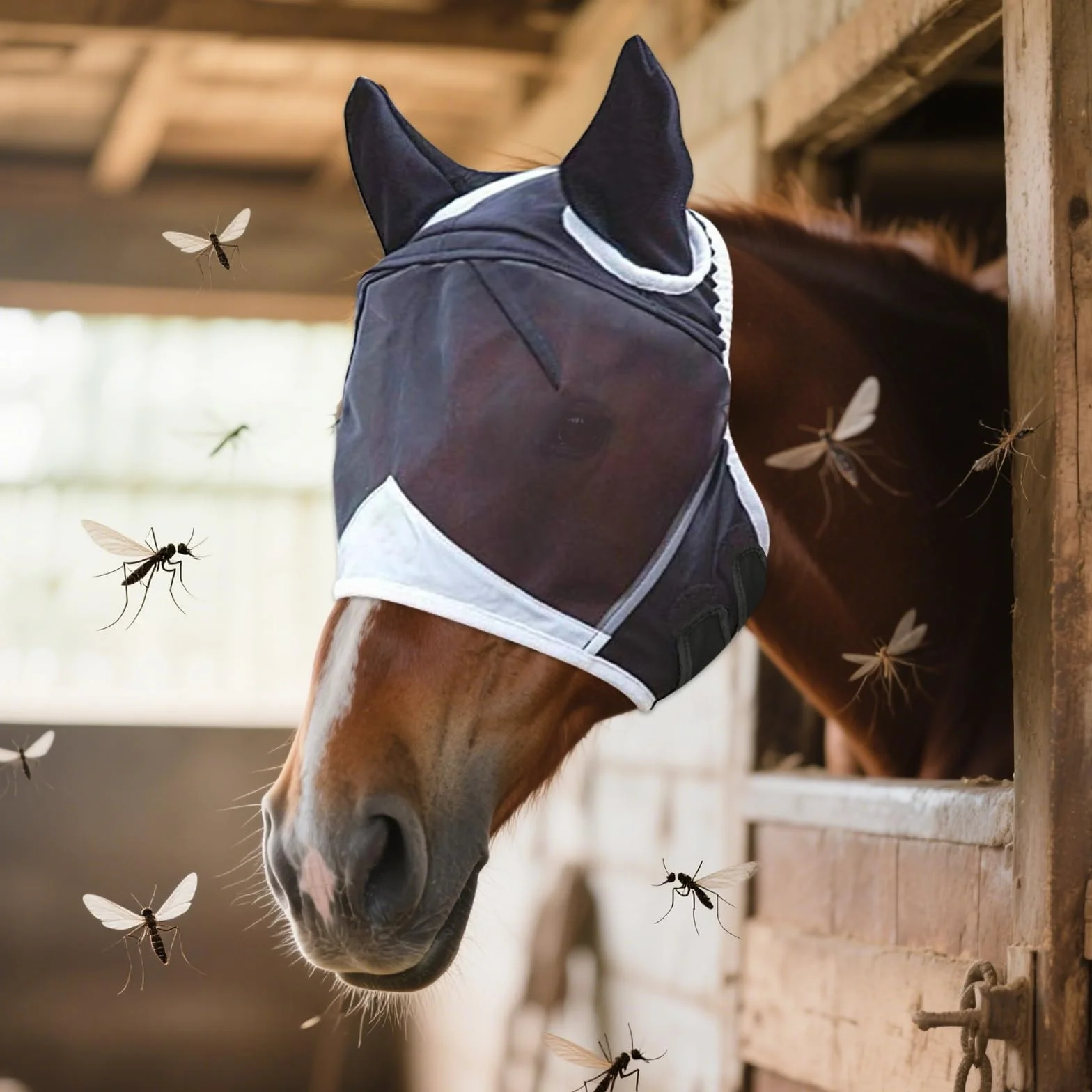 Máscara de mosca para caballo con protección UV, orejas de mosca, respirabilidad