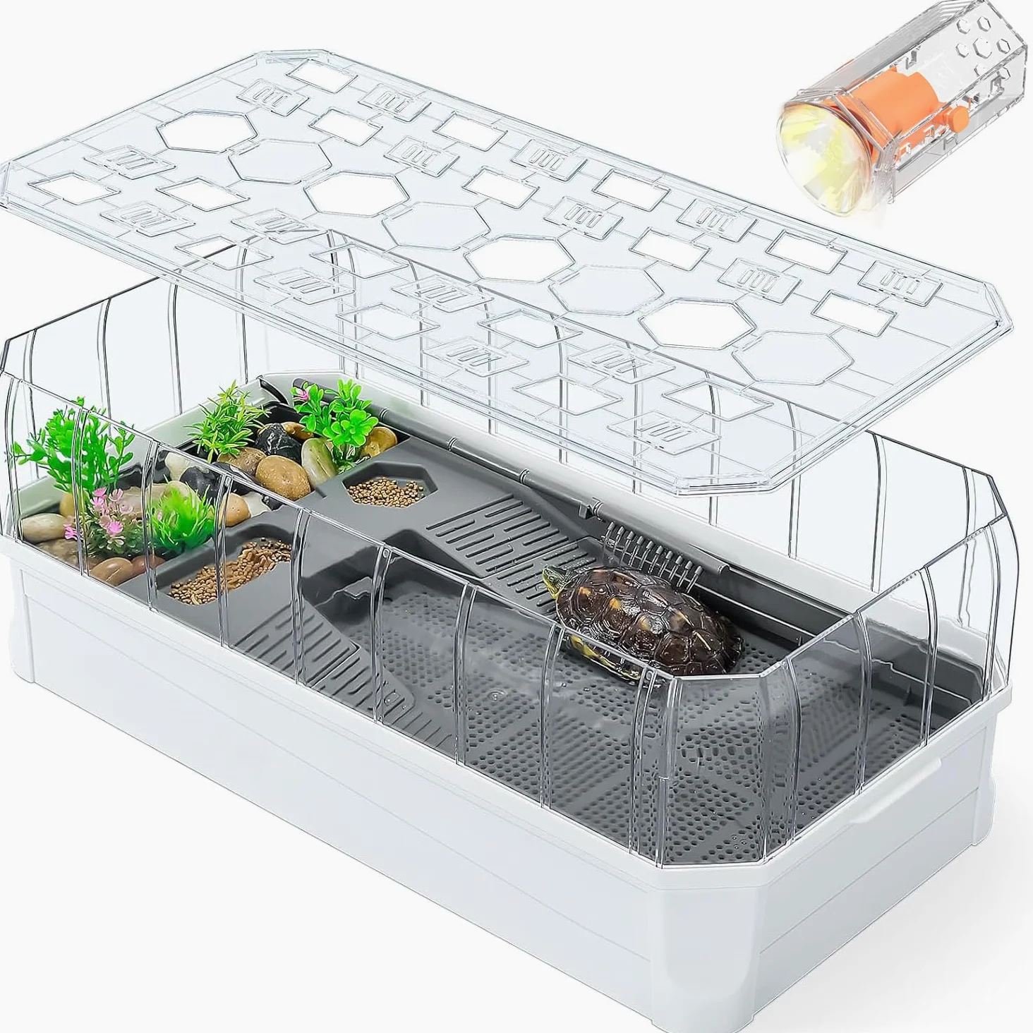 Acuario de tanque de tortugas con solárium, valla extraíble, 5 áreas para tomar el sol, alimentar, criar, hibernación, natación, extragrande