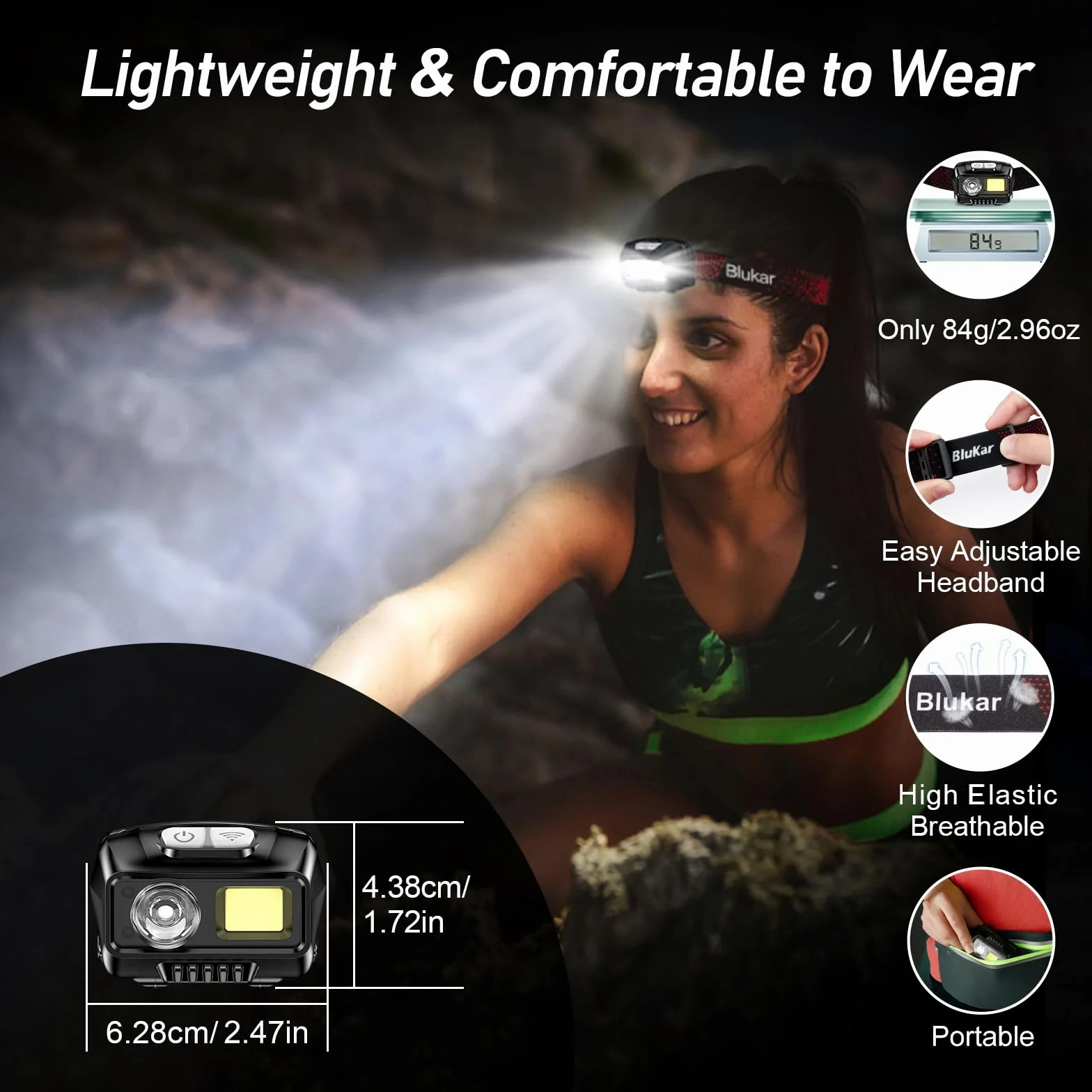 Blukar Linterna Frontal Recargable LED 2000L, 2 Pack, 8 Modos, Sensor Movimiento, Luces Rojas, 30h