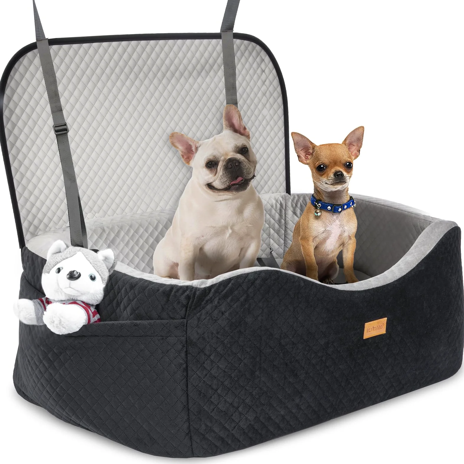 Asiento de coche para perros grandes de hasta 60 libras o 2 perros pequeños con espuma viscoelástica de 4 pulgadas, asiento trasero mediano para mascotas con cinturones de seguridad triples, correas