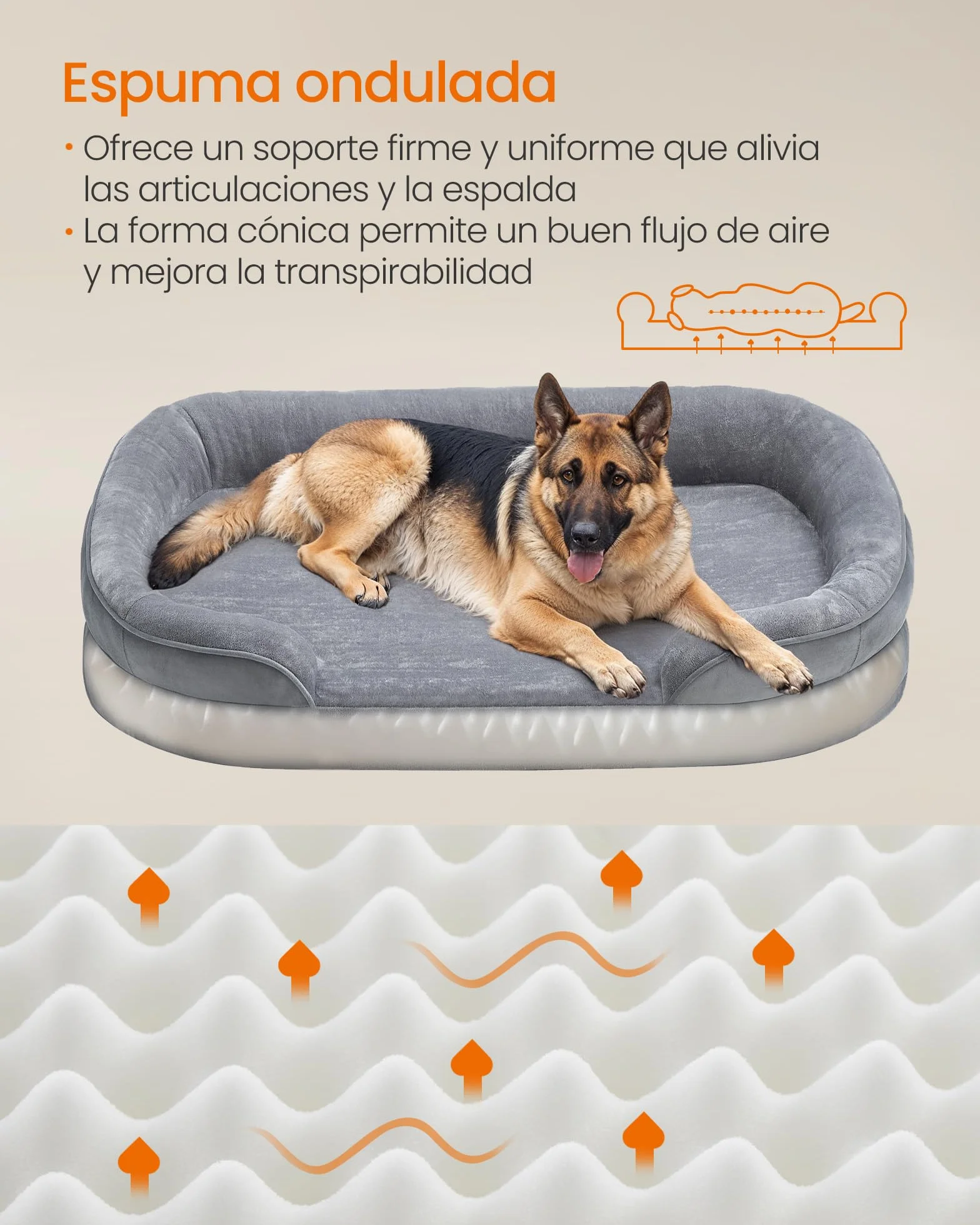 Feandrea Cama para Perros Extra Grandes, 122 x 85 x 18 cm, Ortopédica, Espuma de Nido de Abeja, Forro Repelente al Agua, Bordes Elevados, Funda Extraíble y Lavable, Gris Claro PGW284G01