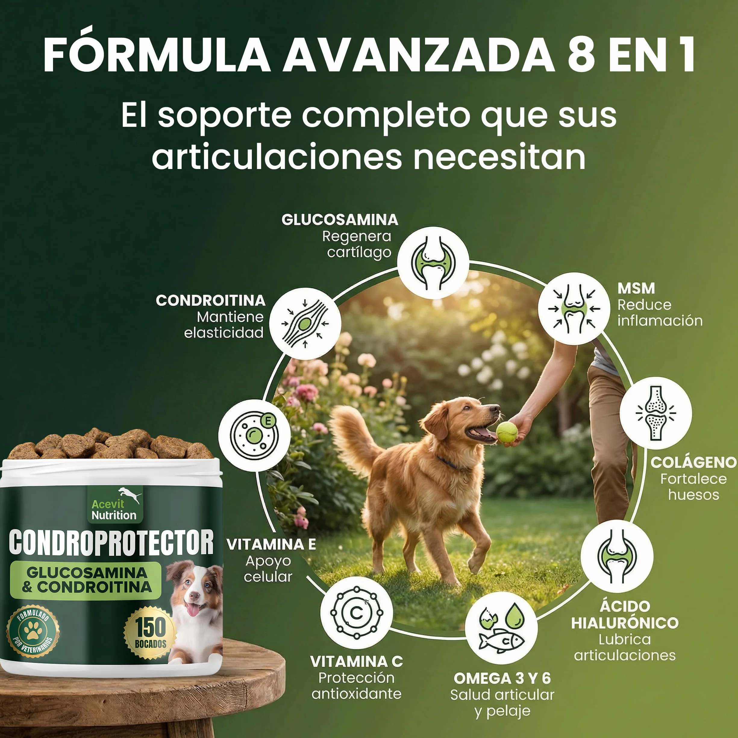 Condroprotector para Perros, 150 Unidades, 100% Natural, Antiinflamatorio, Articulaciones y Cartílagos, Antiartrosis con Colágeno, Glucosamina, Condroitina, MSM, Ácido Hialurónico, Omega 3 y 6