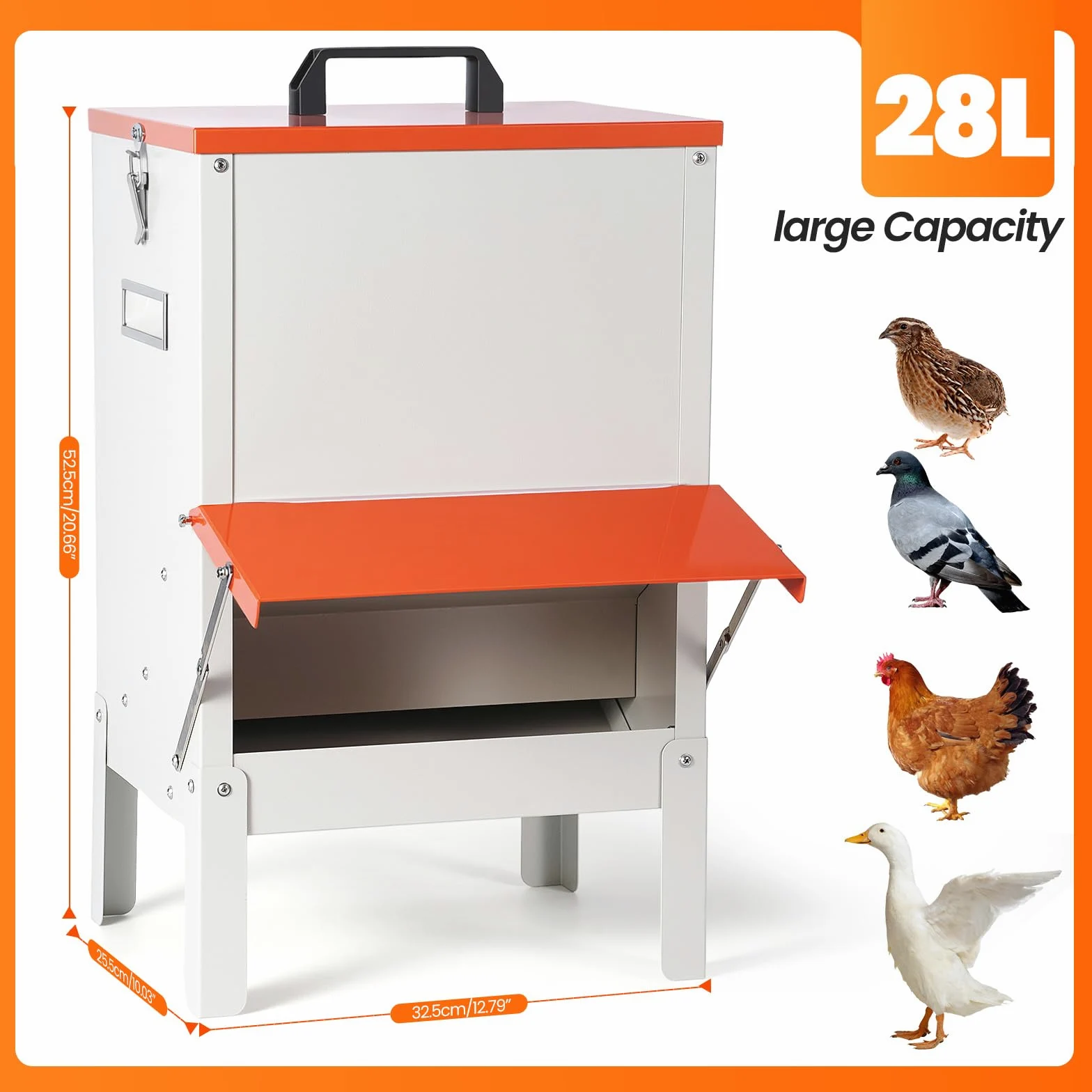 Alimentador automático de pollos colgante de metal de 30 libras, comedero para patos, para exteriores, grandes comederos para patitos al aire libre, sin residuos, alimentador automático para