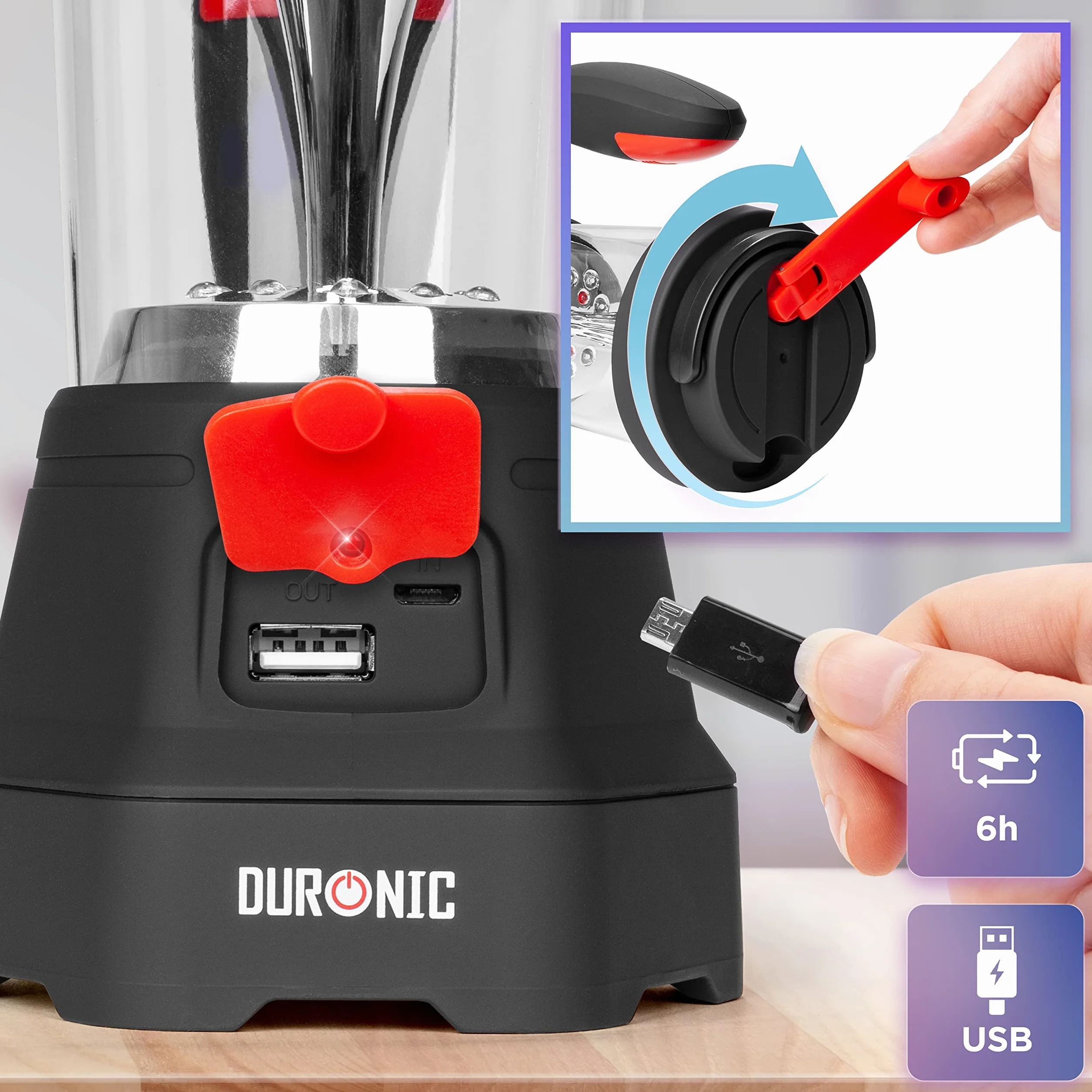 Duronic Hurricane Linterna con dinamo y USB 10 LED señal de emergencia rojo intermitente para camping