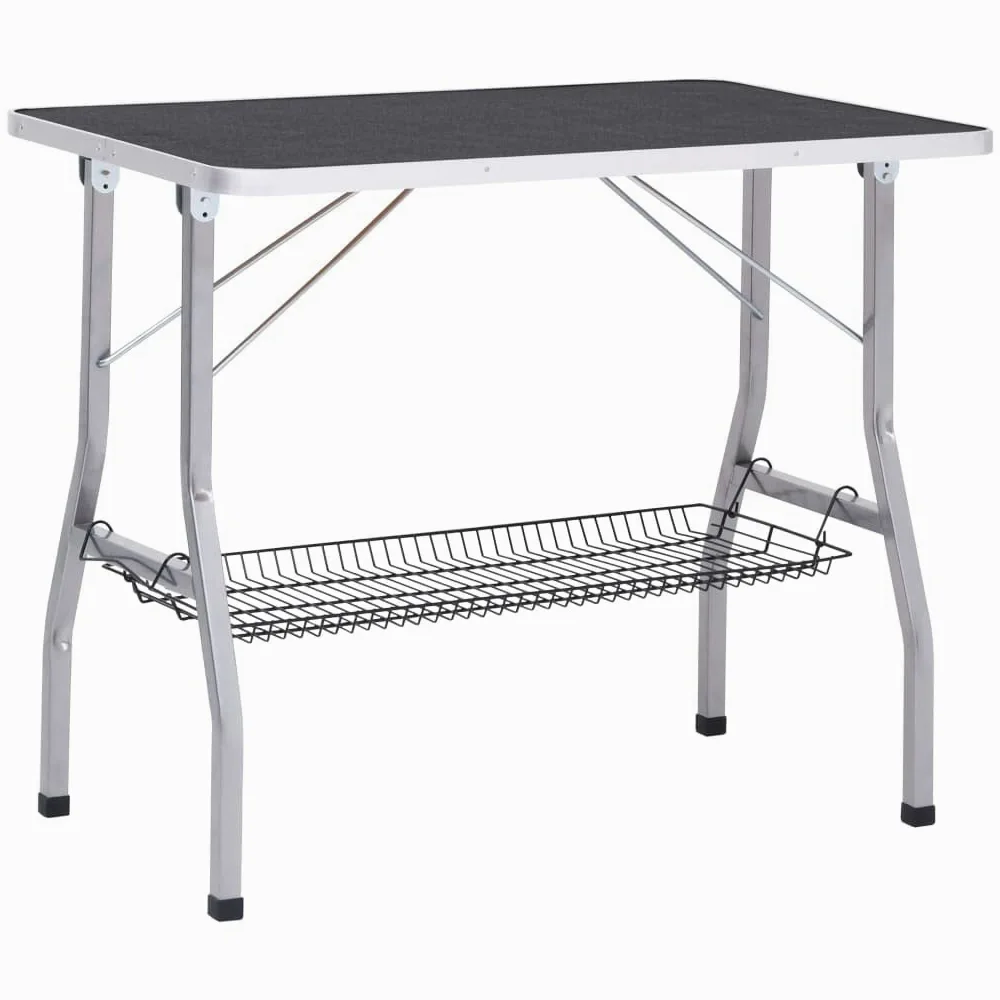 Mesa de corte ajustable para perros y gatos con 2 trabillas, cesta plegable, superficie antideslizante, horca de altura ajustable, patas de acero, ideal para el aseo y el corte