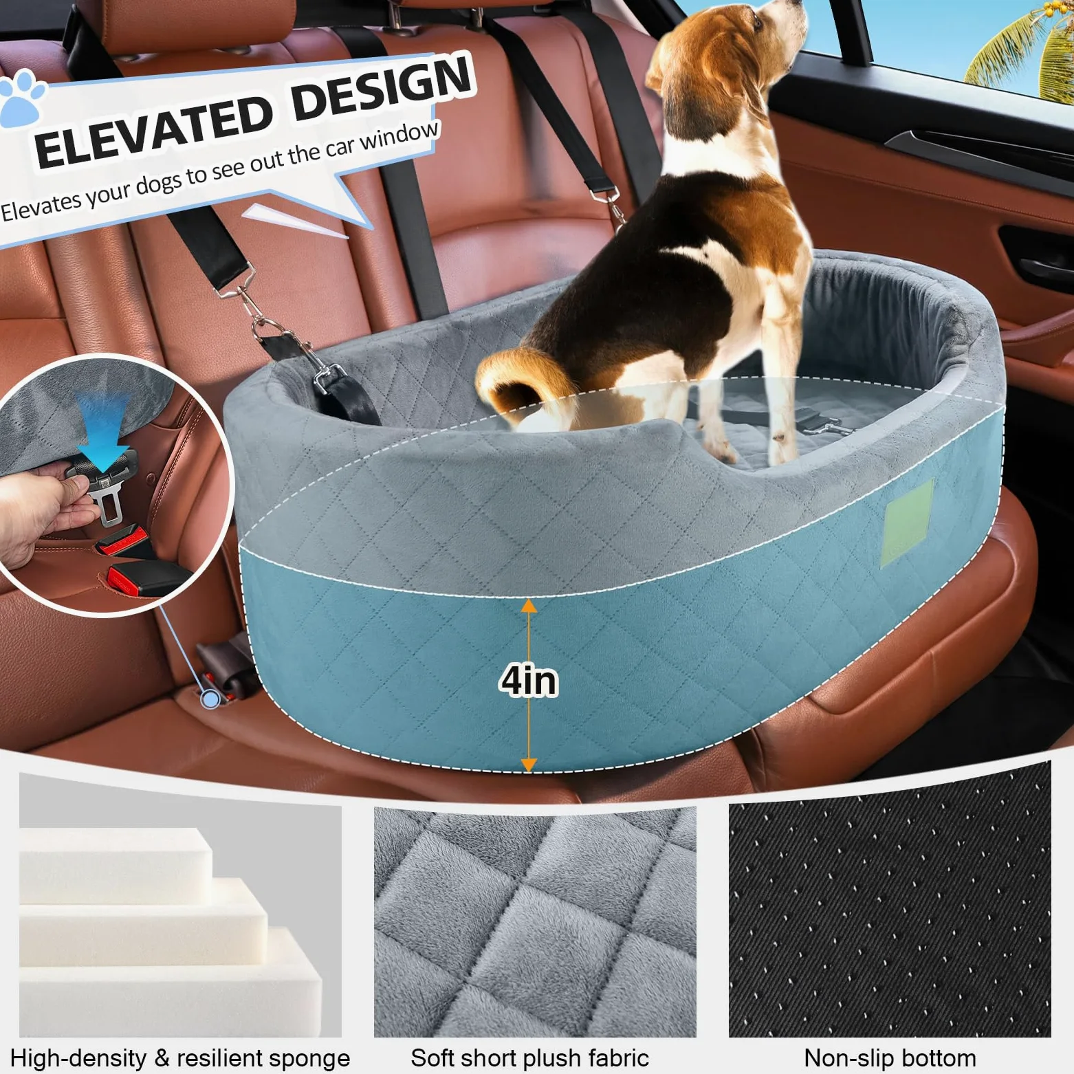 Asiento de coche para perros grandes/medianos de menos de 55 libras, cama de viaje con asiento elevador grueso lavable para mascotas con base antideslizante, se adapta a SUV y asiento trasero de