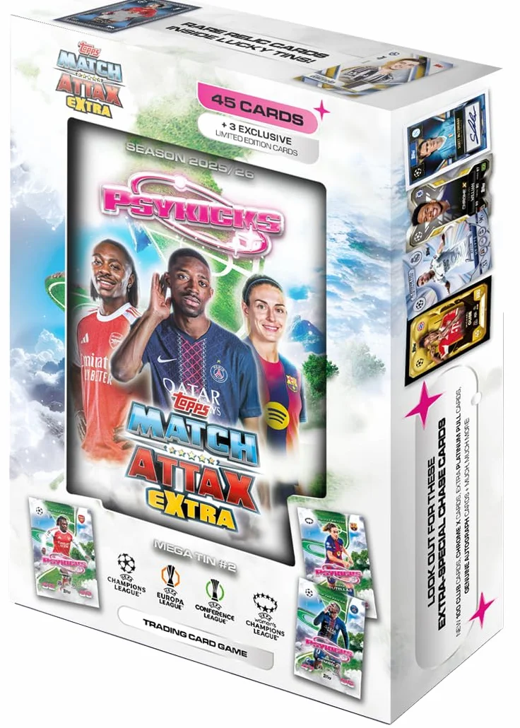 Topps UCC Match Attax Extra 2026 Mega Tin Pyskicks 48 cartas 3 tarjetas LE