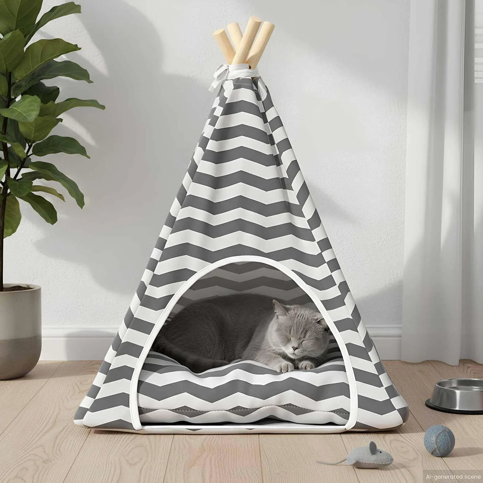 Tipi para mascotas con cojín blanco y gris, 50 x 50 x 60 cm, cueva para gatos, cesta para gatos, cojín para gatos, cama acogedora con estaca de madera de pino para gatos y perros pequeños