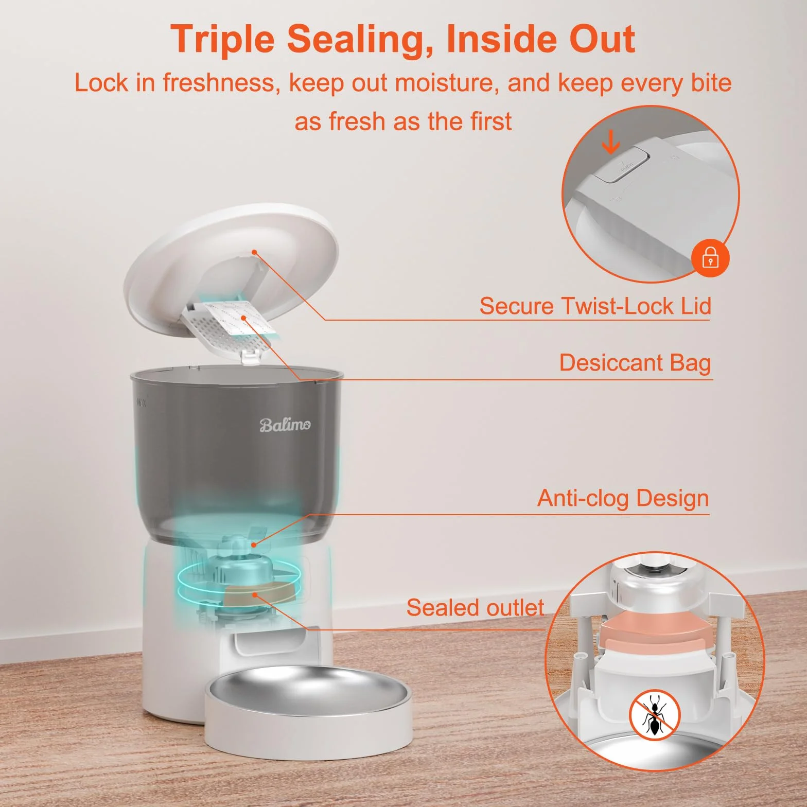 Balimo Comedero Gato Automatico 2.4G WiFi, 3L Dispensador Comida Gatos y Perros con Control de la Aplicación, 10 Comidas por Día, Cuenco de Acero Inoxidable, Blanco