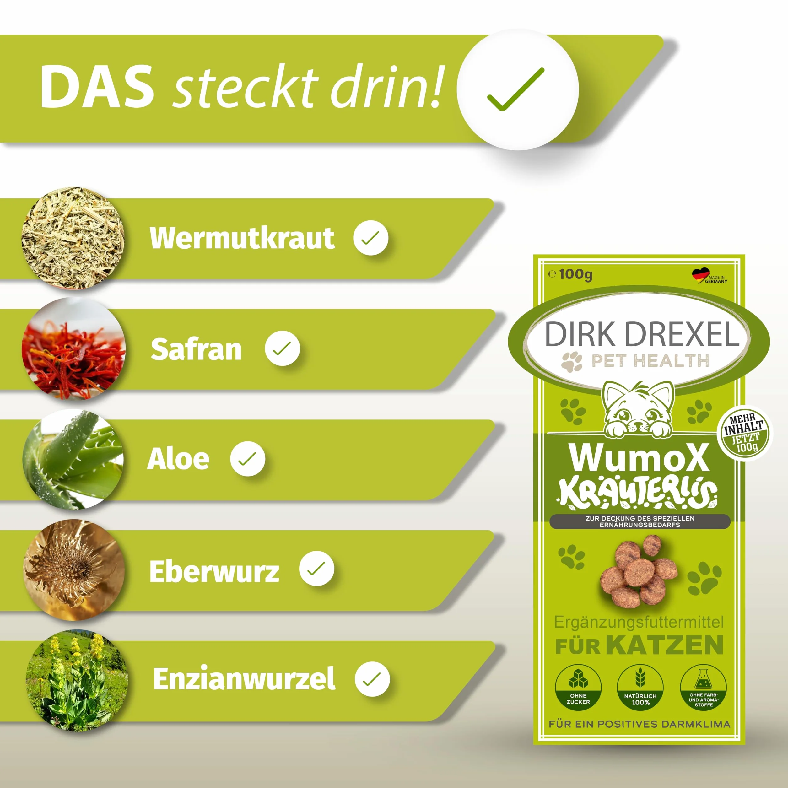 WumoX Herblis para Gatos | Trata con extractos de Hierbas | nutrición Natural para Fortalecer el Medio intestinal | con vermut Real | Alternativa Natural