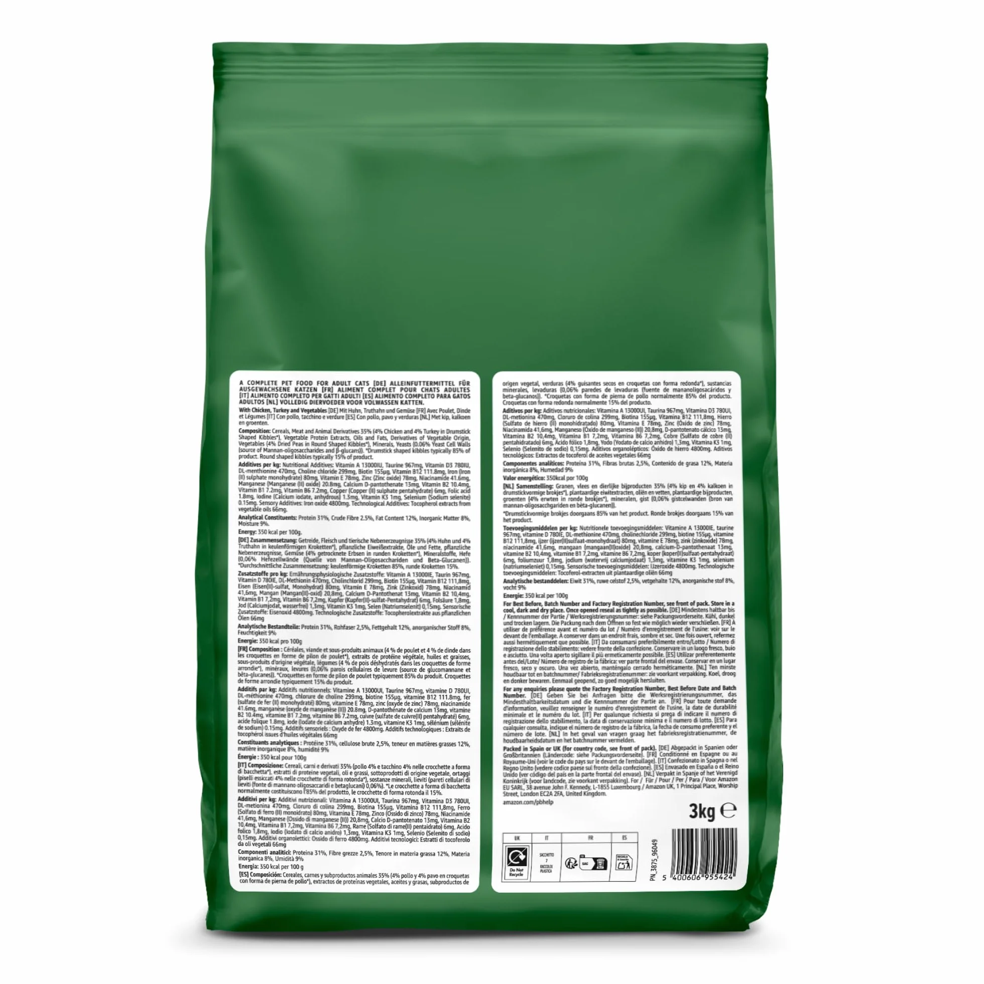 by Amazon - Alimento seco completo para gatos adultos con pollo, pavo y verduras, 1 Pack de 3 kg