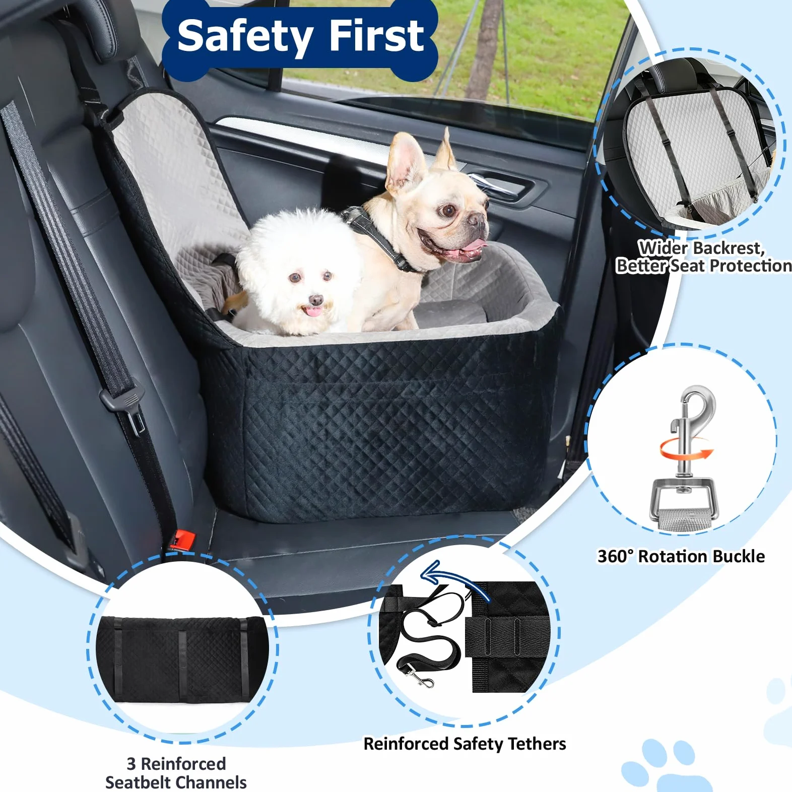 Asiento de coche para perros grandes de hasta 60 libras o 2 perros pequeños con espuma viscoelástica de 4 pulgadas, asiento trasero mediano para mascotas con cinturones de seguridad triples, correas