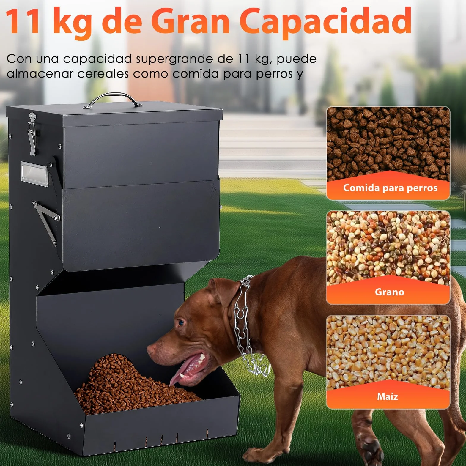 Alimentación automática para perros al aire libre colgando comida para mascotas de raza grande 11kg, comedero automático para perros de metal auto-alimentación comida para perros