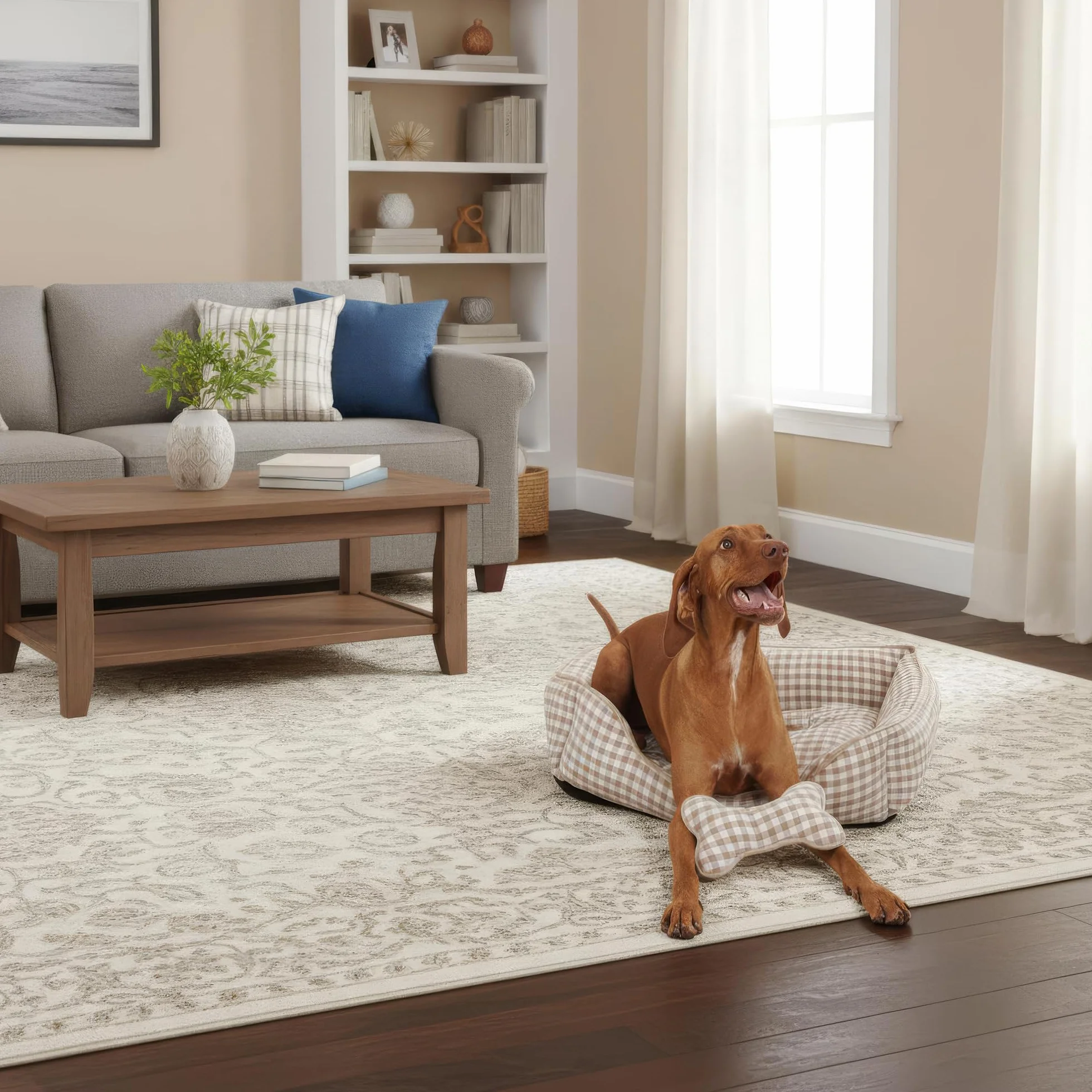 PESK Cama Perro Pequeño 57x47x15cm con Hueso de Juguete, Acolchada Relleno de Fibras, Cama Perros Medianos Lavable, Resistente Mordeduras, Camas Perros Medianos Antideslizante, Dog Bed (Beige Talla S)
