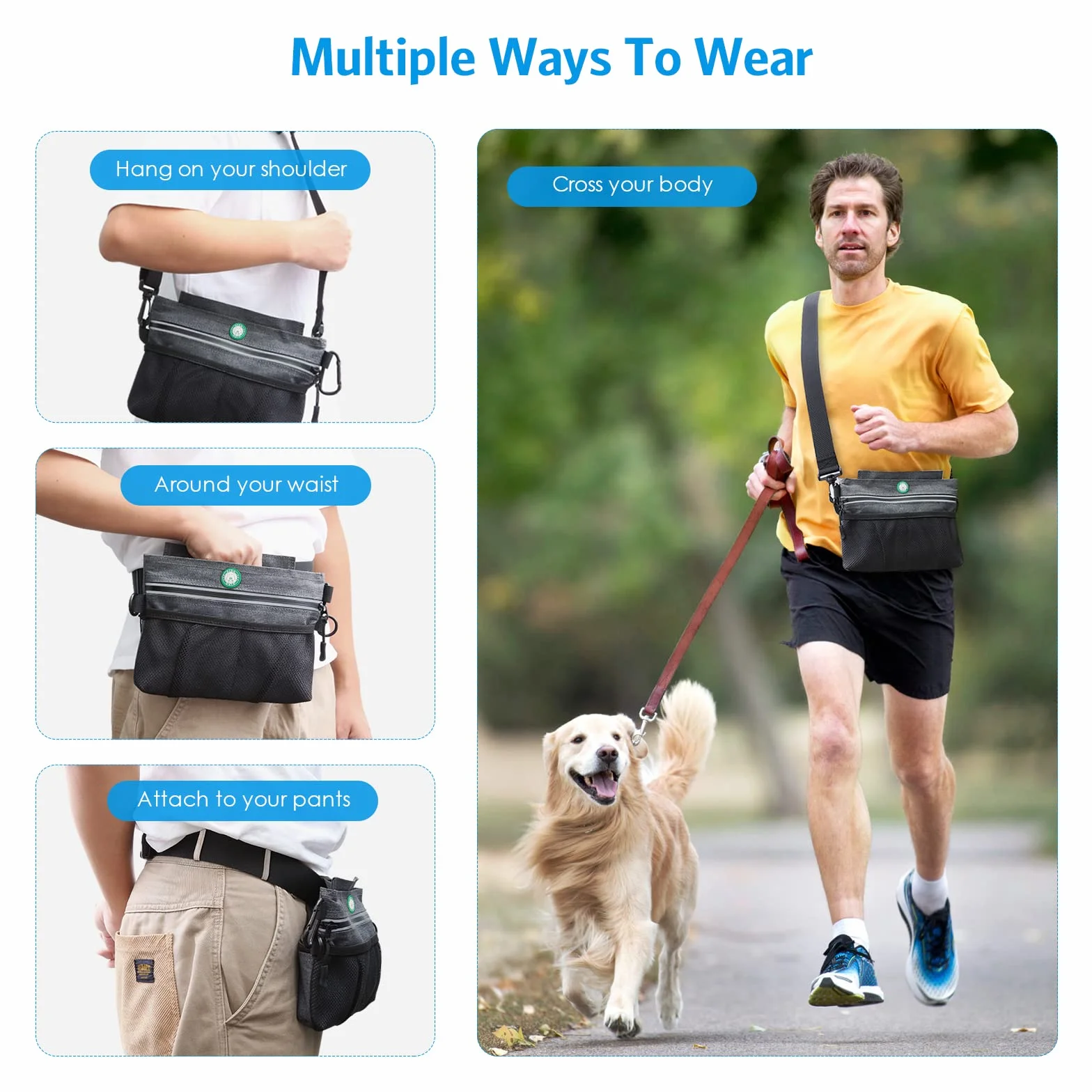 Brifit,Bolsa de entrenamiento para perros con cierre magnético, correas de transporte acolchadas integradas, dispensador de bolsas de excrementos para perros (1 rollo de bolsa de basura)