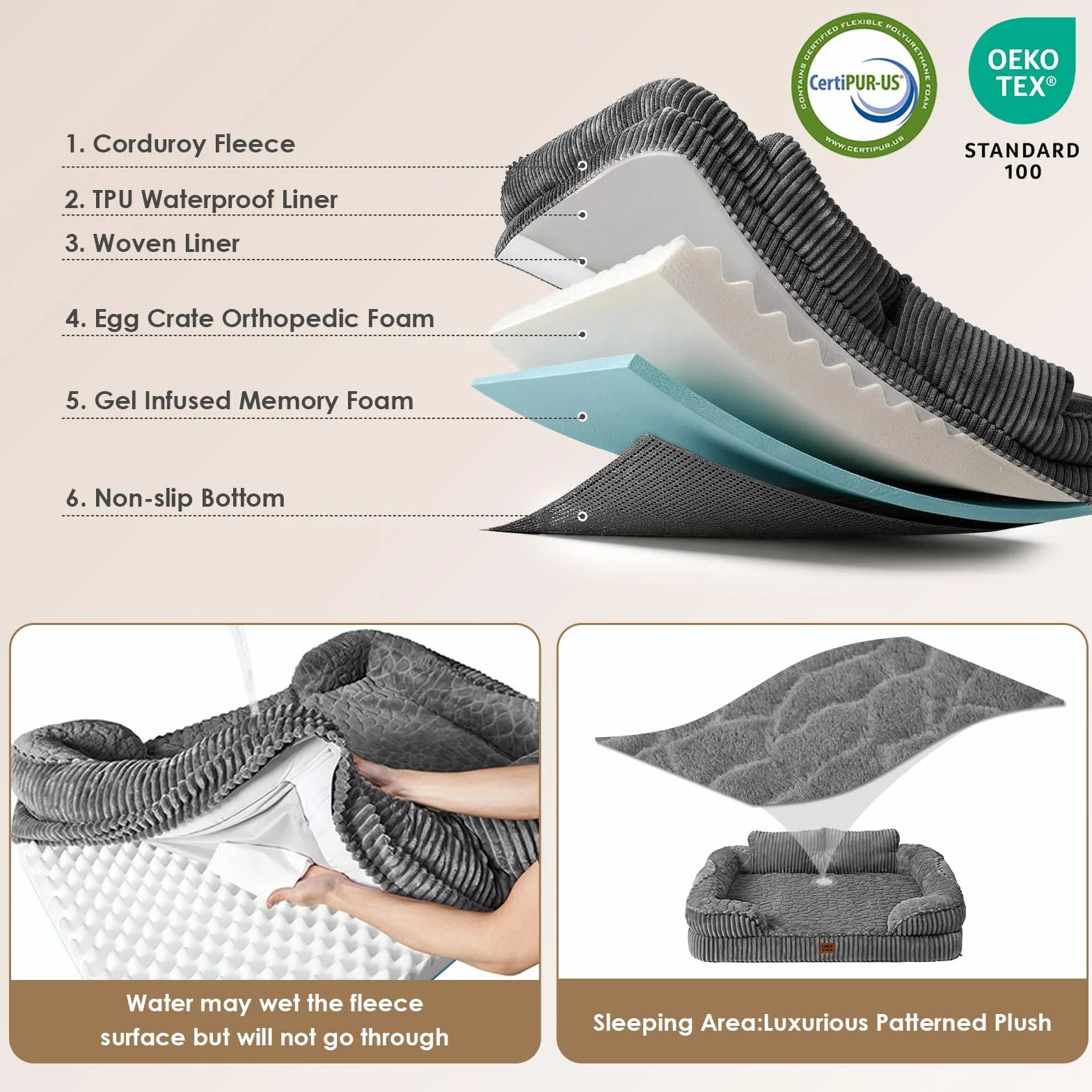 EHEYCIGA Cama Perro Ortopédica Grande 106x76 cm, Sofá Cama con Respaldo Alto, Colchón Perro Viscoelastica Impermeable, Funda Lavable, Gris