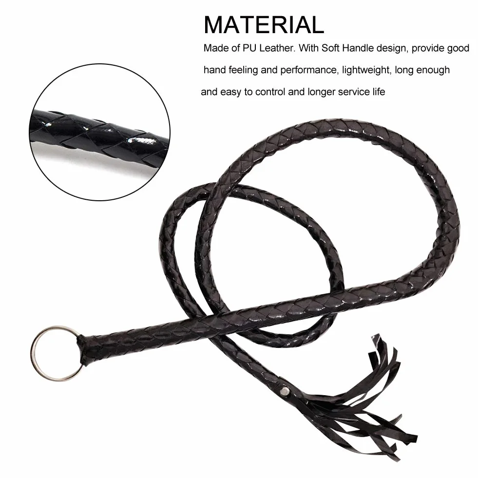Látigo de equitación de cuero sintético con mango tejido, accesorio de disfraz de Halloween (negro)