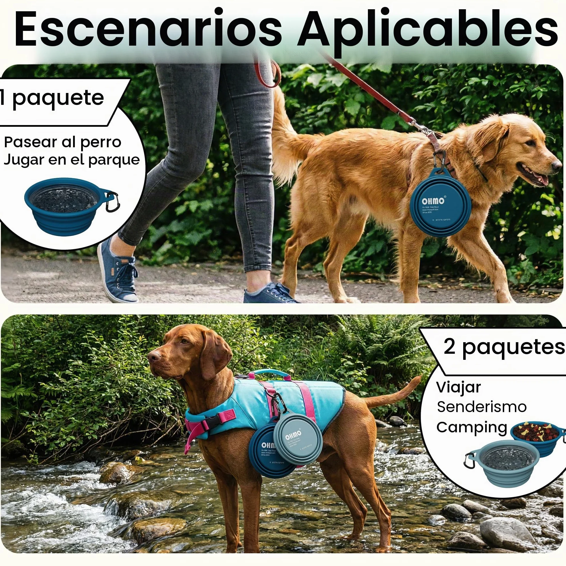 OHMO Bebedero Perro Portátil con Anillo de Acero Inoxidable Integrado (800ml, Azul Pavo Real), Cuenco Plegable de Agua de Silicona para Perros Medianos y Grandes, Cuencos Portátiles de Viaje Plegables