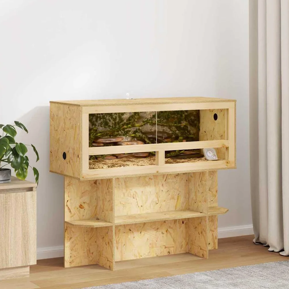 Terrario Marrón 100 x 40 x 90 cm OSB Cristal Puerta corredera para reptiles anfibios Hábitat con estantes y marco de madera estable para interiores