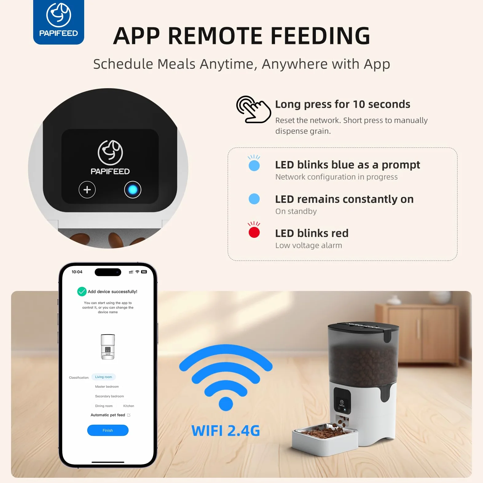PAPIFEED Comedero automático para gatos con aplicación, dispensador de alimentos para gatos WiFi de 2.4 G, comedero para gatos con temporizador de 6 L para alimentos secos, 10 comidas/día, 12