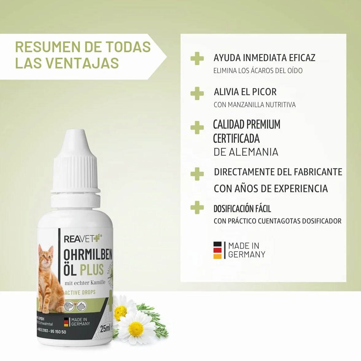 ReaVET Aceite de ácaros del oído Plus 25 ml para gatos de inmediato – contra los ácaros del oído con manzanilla para gatos, cuidado suave en caso de picazón en el oído, gotas para los oídos, ácaros,