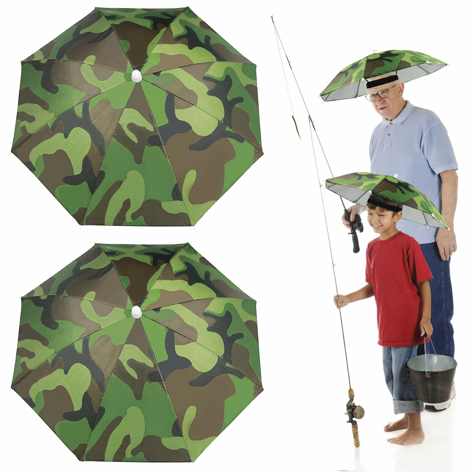Realure 2 Piezas Sombrero Paraguas Camuflaje 53cm con Banda Elástica para Pesca Playa Camping