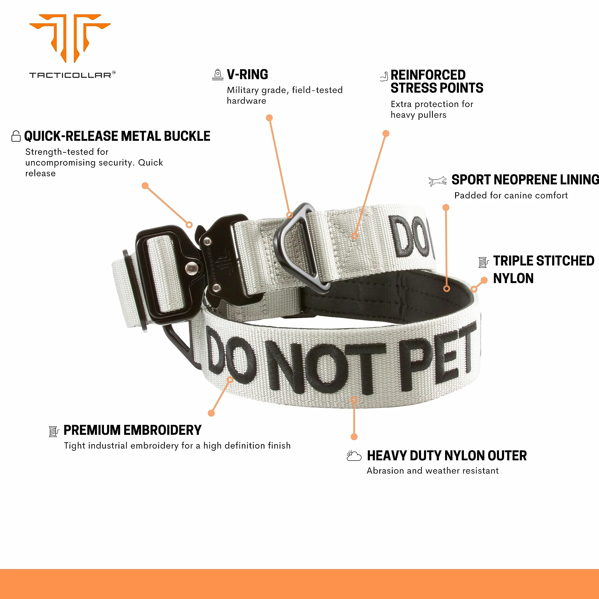 Tacticollar - Collar « DO NOT PET » (No acariciar) de nailon de 3,8 cm para perros, interior acolchado de neopreno, comunica las necesidades de tu perro para evitar accidentes (gris, pequeño)
