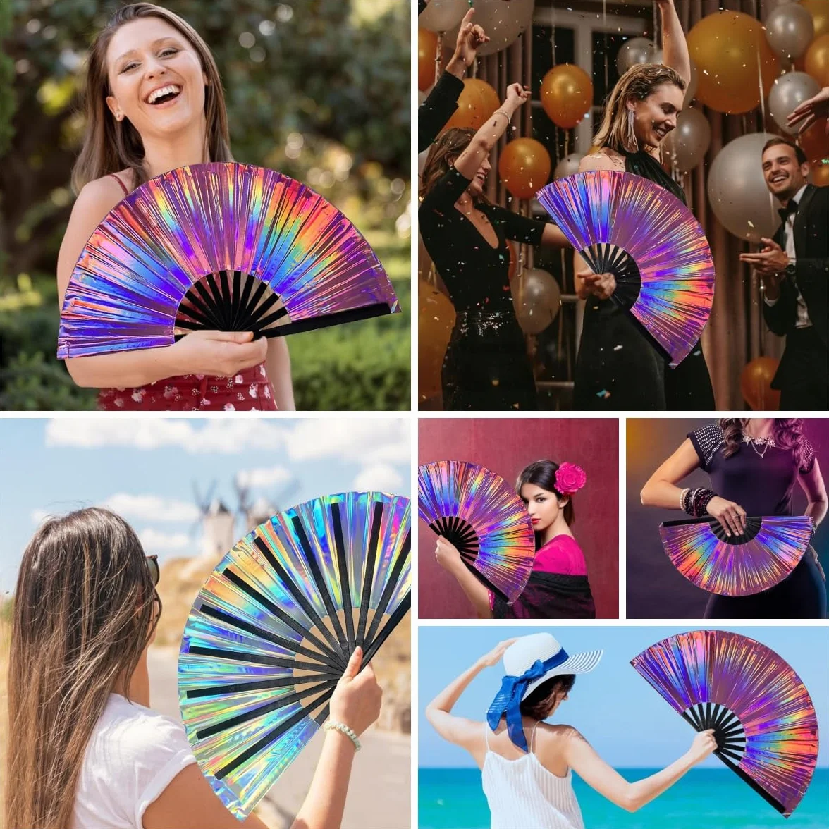 Abanico plegable grande brillante metálico 10" chino para fiestas festivales Kung Fu Tai Chi bailes rave