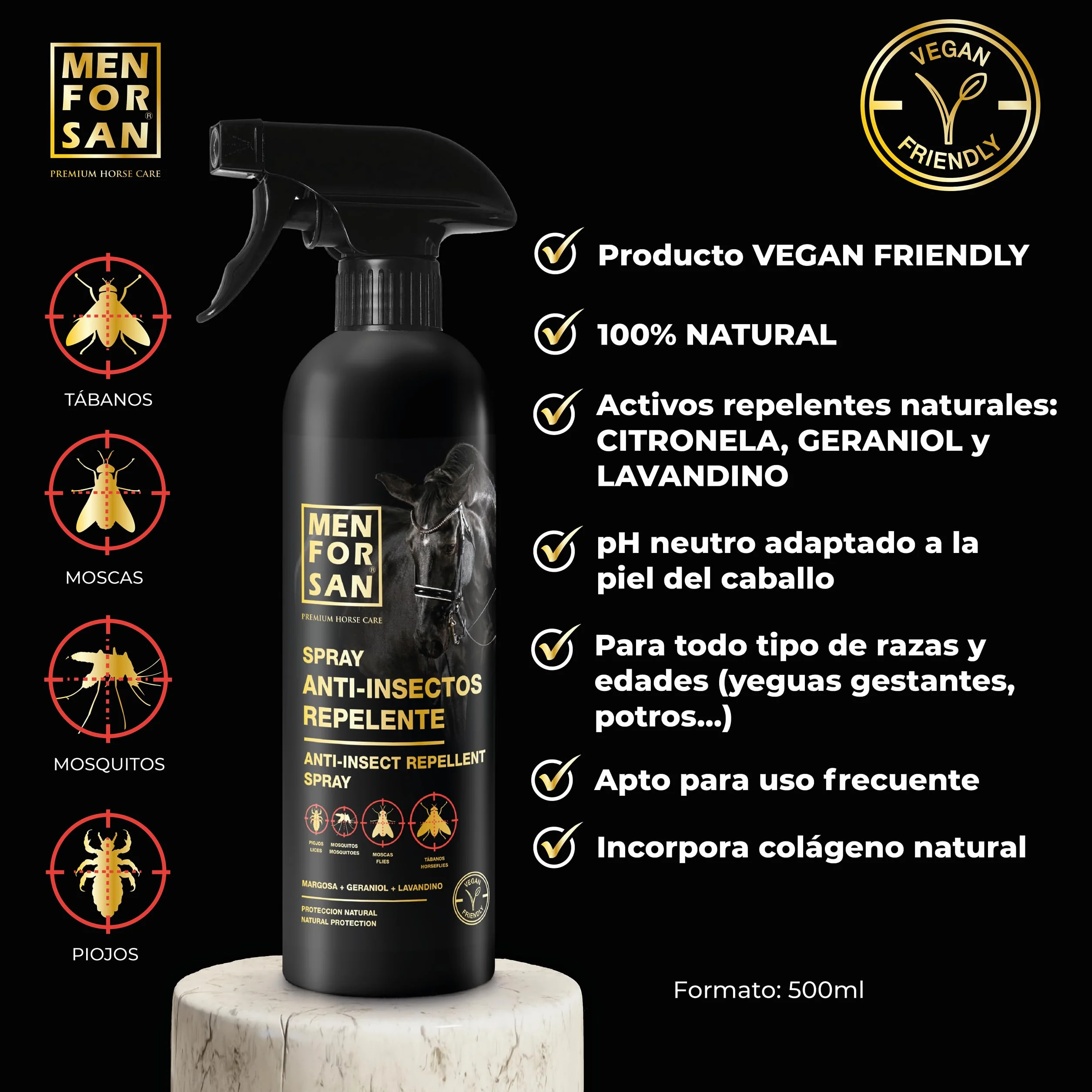 MENFORSAN Spray repelente de insectos para caballos, 500ml | con Margosa, geraniol y lavandino | Bio, 100% Natural