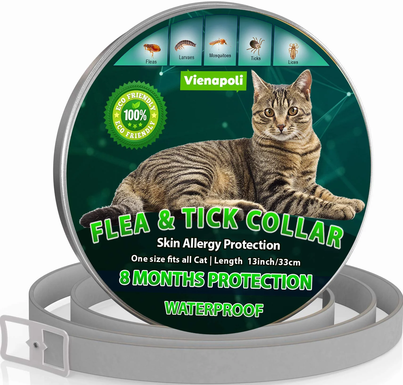 Collar antipulgas y garrapatas para Gatos, Resistente al Aqua, protección Activa de hasta 8 Meses, 33 centimetros, para qualquier tamaño de Gato