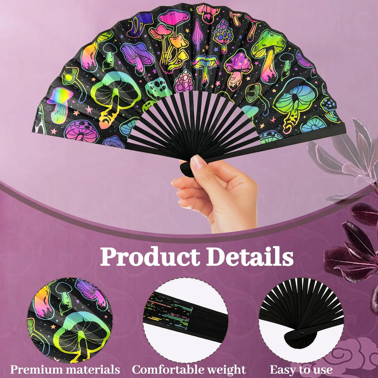 Abanico Plegable para Adultos, Abanico Rave Premium, Abanico de Mano para Fiestas, Disco, Playa, Drag Queen, Regalo Accesorio Rave (patrón de Hongos)