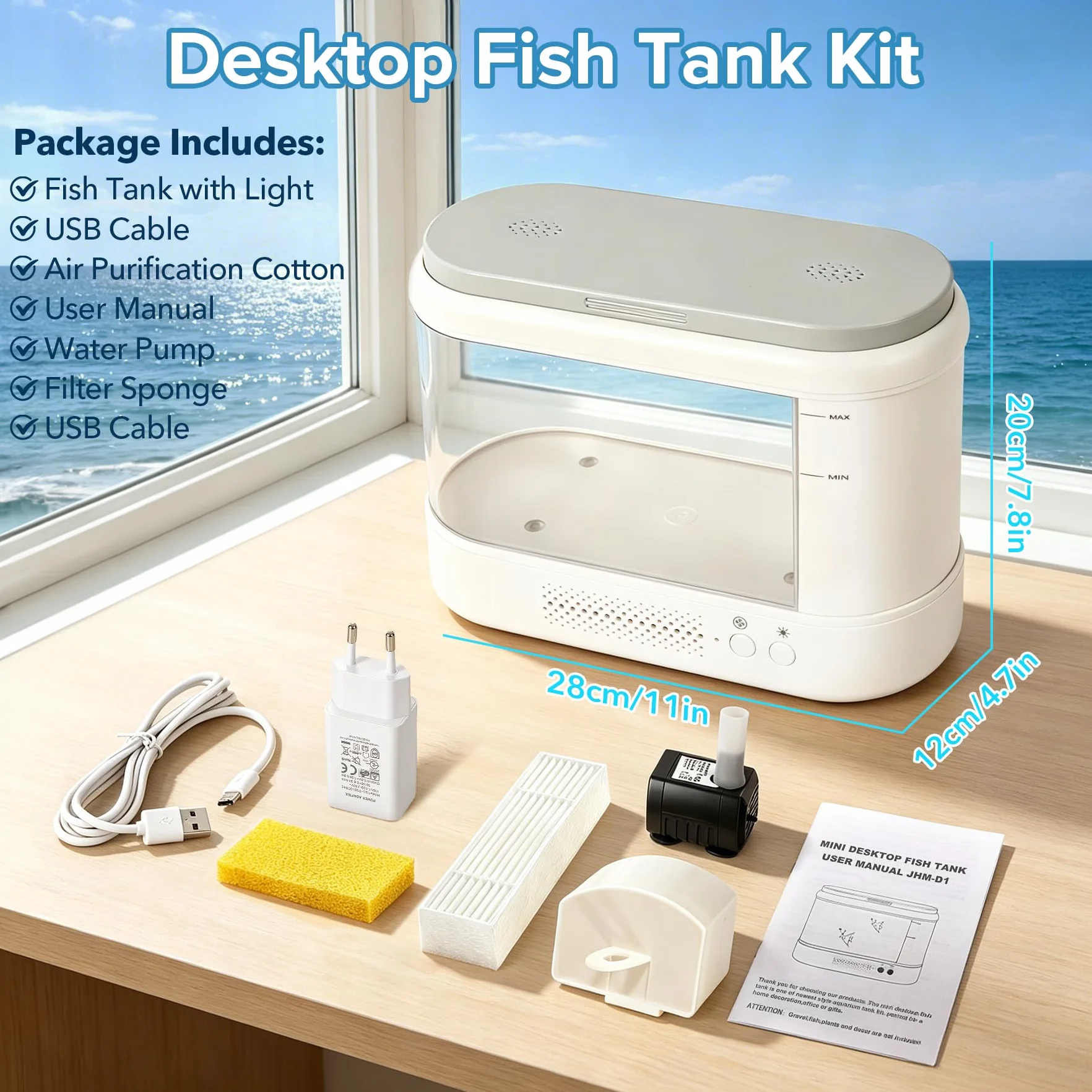 3,7L Acuario Pequeño Kit de Inicio,Blanco Aquario Acrílico con Sistema de Filtrado e Iluminación LED, Pecera Pequeña de Mesa para Peces Betta, Plantas y Gambas