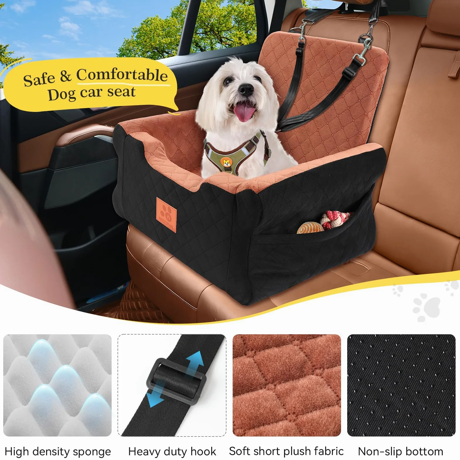 GL GLENSLAVE Asientos de coche para perros pequeños y medianos, asiento elevado de espuma viscoelástica para perros, asiento de coche desmontable lavable para mascotas con cinturones de seguridad y
