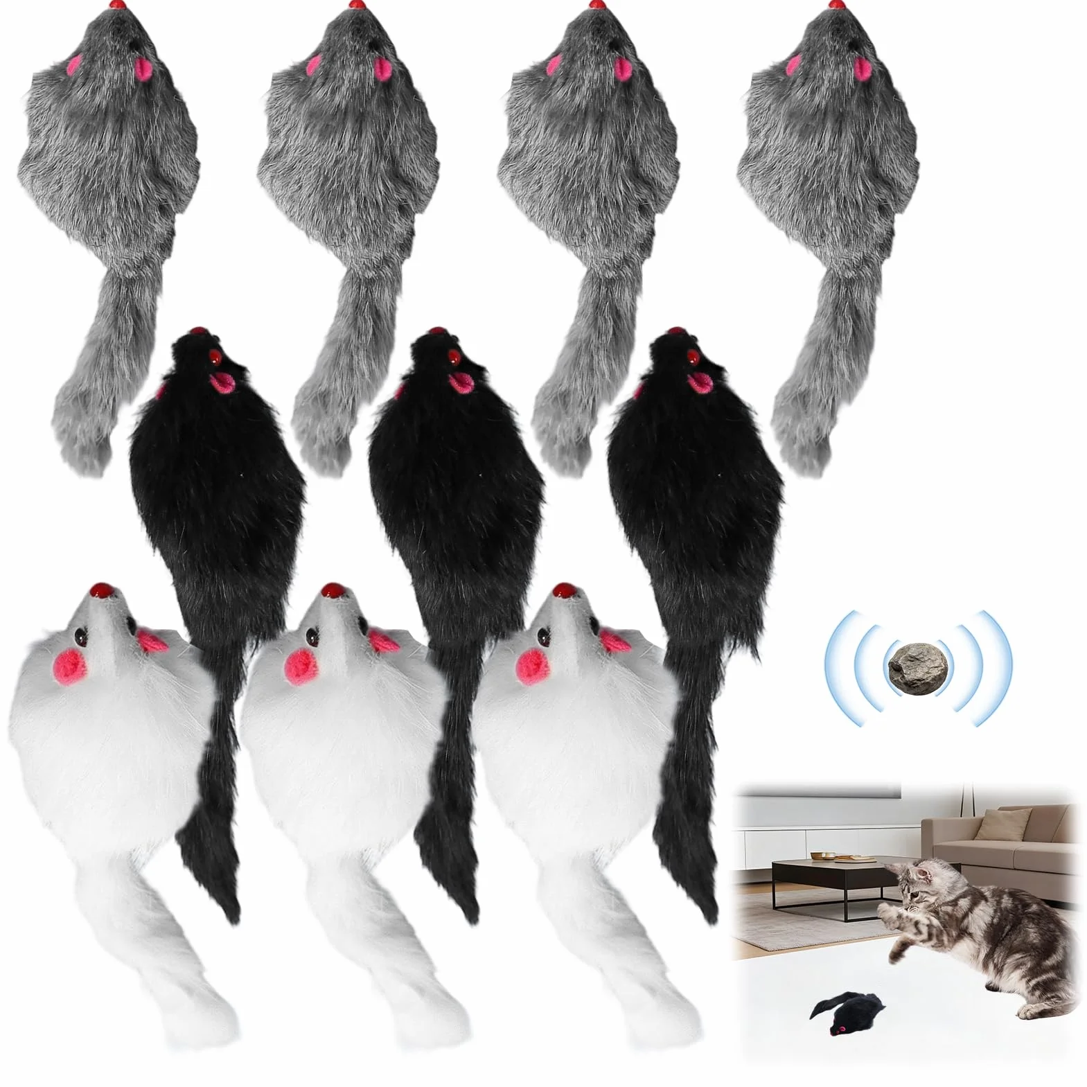 Juego de 10 ratones de juguete con piedra sonora empapada en hierba gatera, juguetes para gatos para todas las razas de gatos, los ingredientes son inofensivos. Paquete mixto de 10 unidades en tres