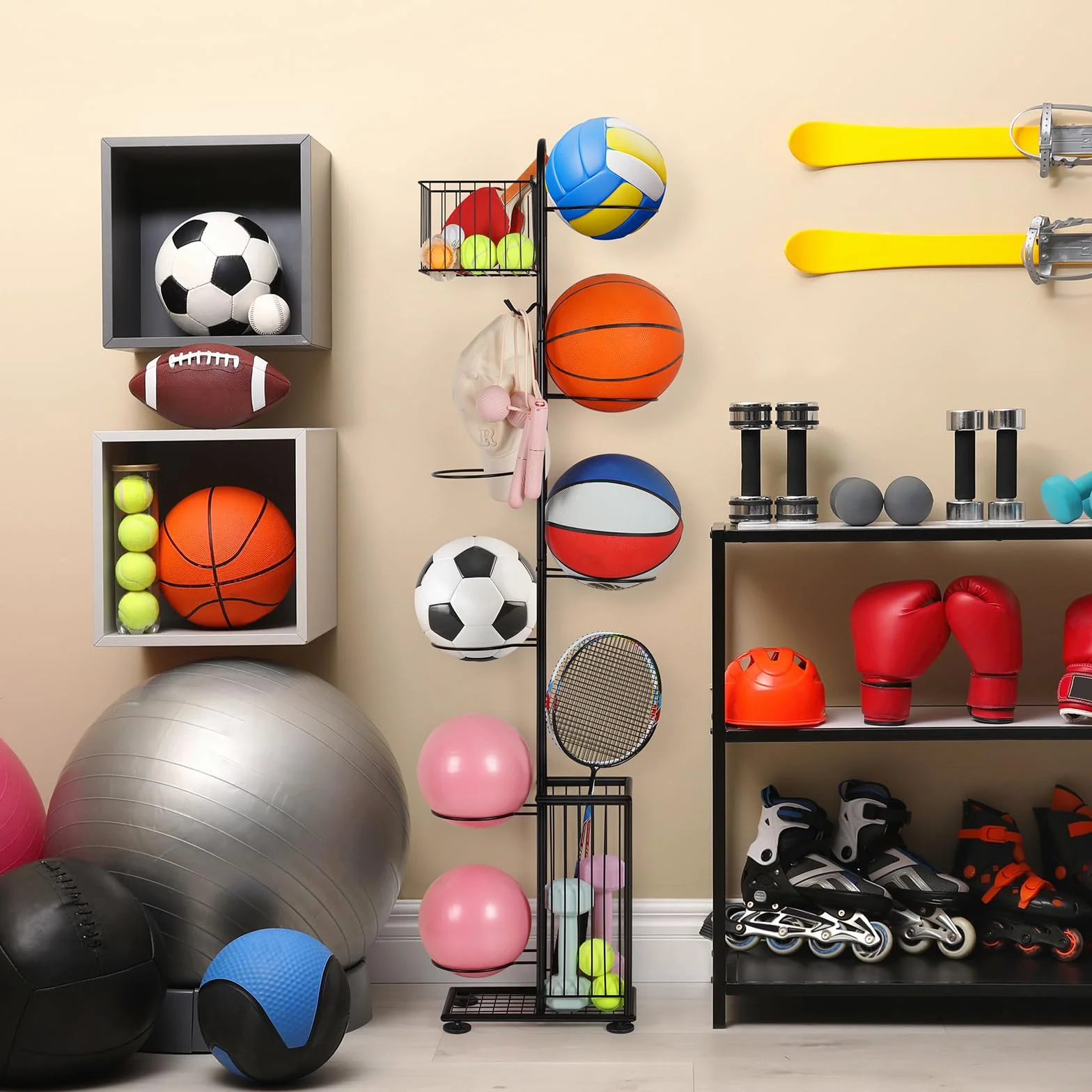 Soporte para bolas 7 niveles, estantería de almacenamiento vertical para baloncesto, fútbol, rugby, voleibol, fútbol (Negro)