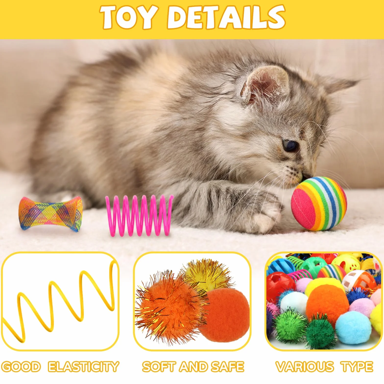 QUOZUO Juego interactivo para gatos, 60 resortes, bolas brillantes, juguetes de ratón, bolas arrugadas y pompones para gatitos