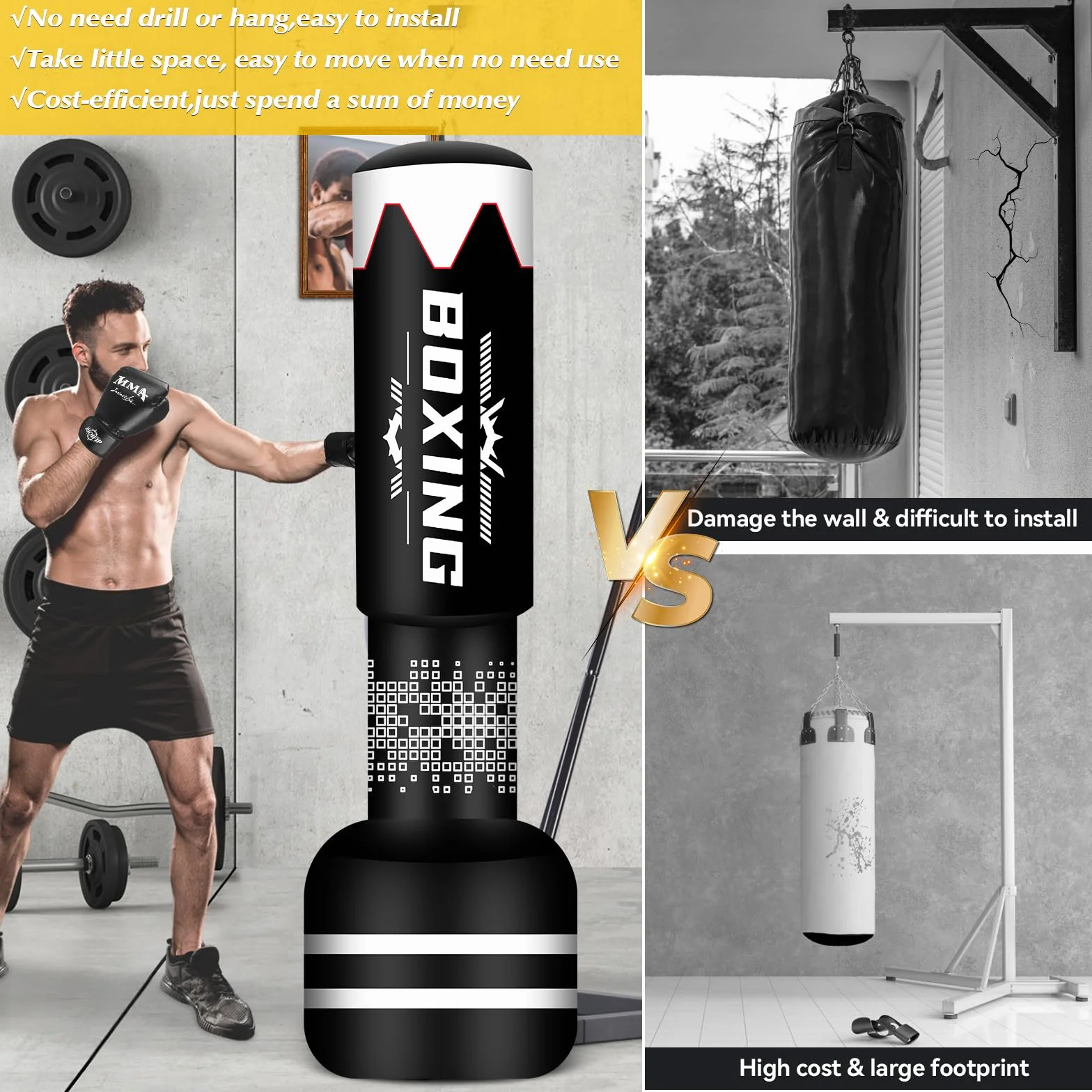 Pesado Saco de Boxeo 180cm Adultos con Guantes, Freestanding Inflable Kickboxing Bolsa Entrenamiento MMA Muay Thai