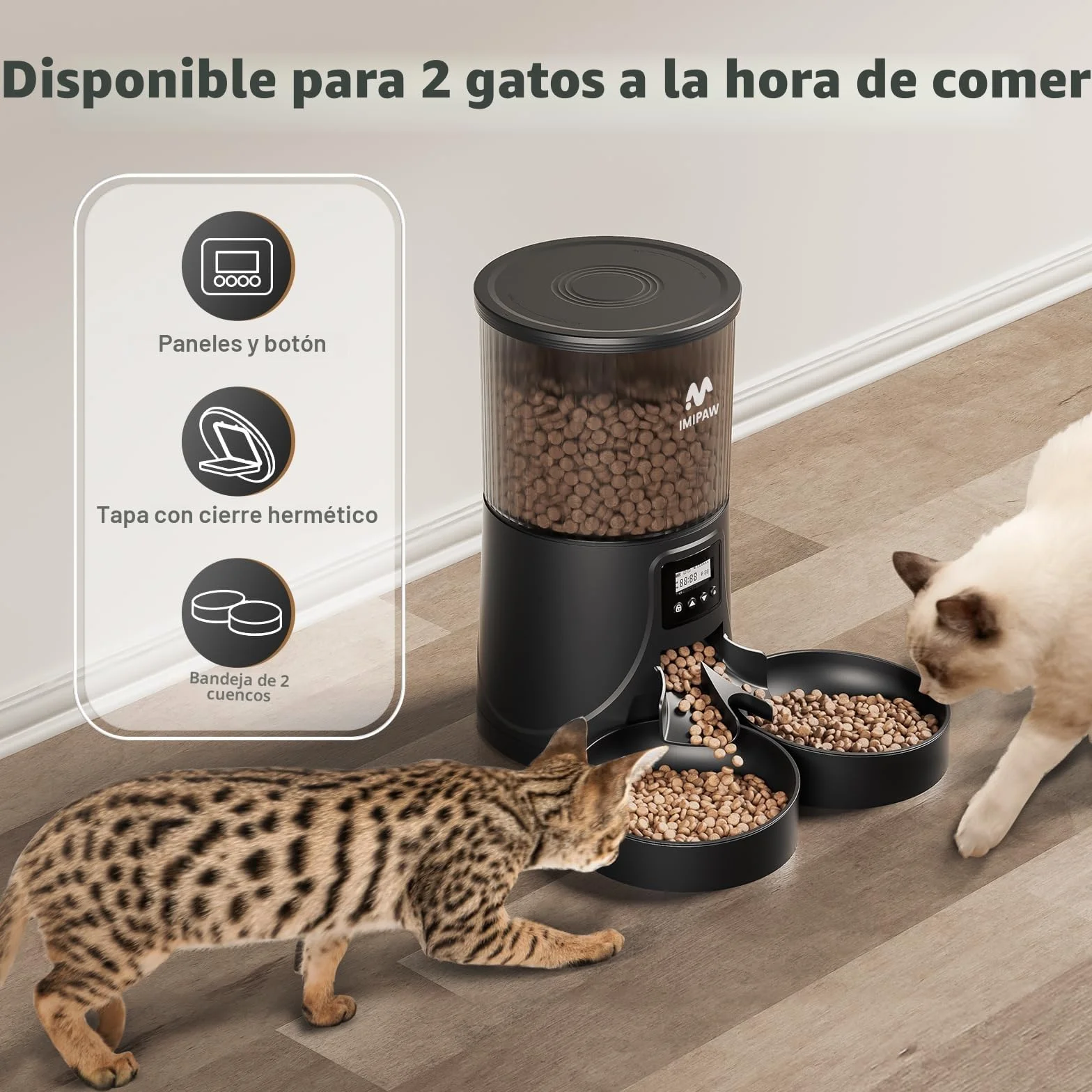 IMIPAW Comedero Gato Automatico - Dispensador Comida con Dos Cuencos, Temporizador Programable para Gatos y Perros con Bolsa Desecante, 1-6 Comidas al Día, 1-20 Porciones por Comida- 4L